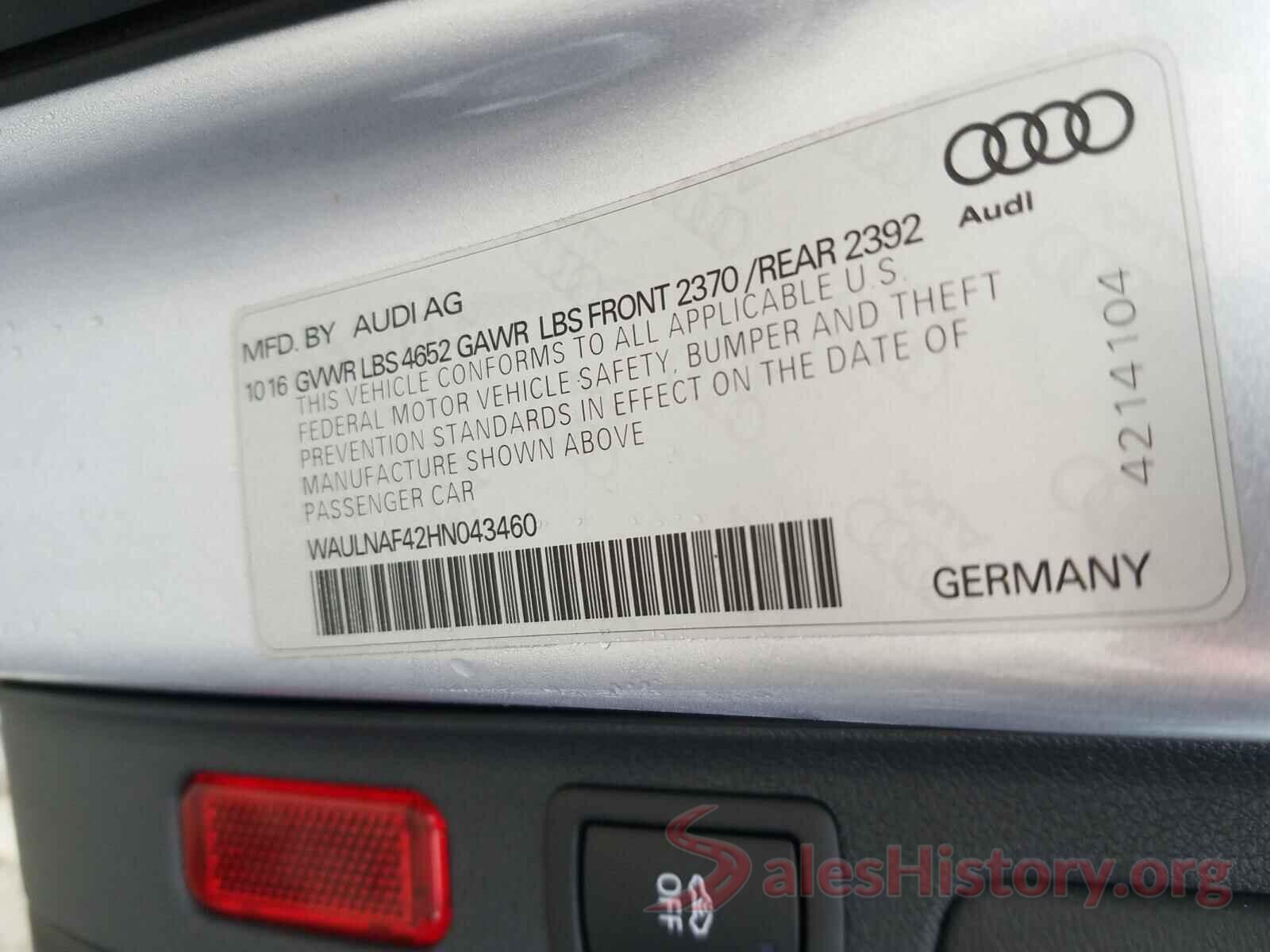 WAULNAF42HN043460 2017 AUDI A4