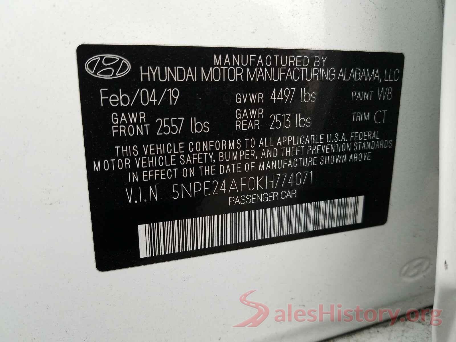 5NPE24AF0KH774071 2019 HYUNDAI SONATA