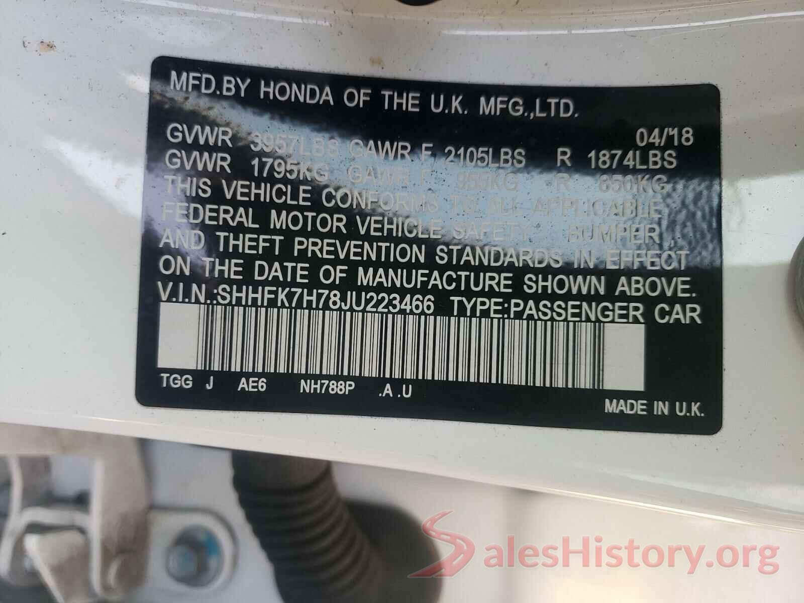 SHHFK7H78JU223466 2018 HONDA CIVIC