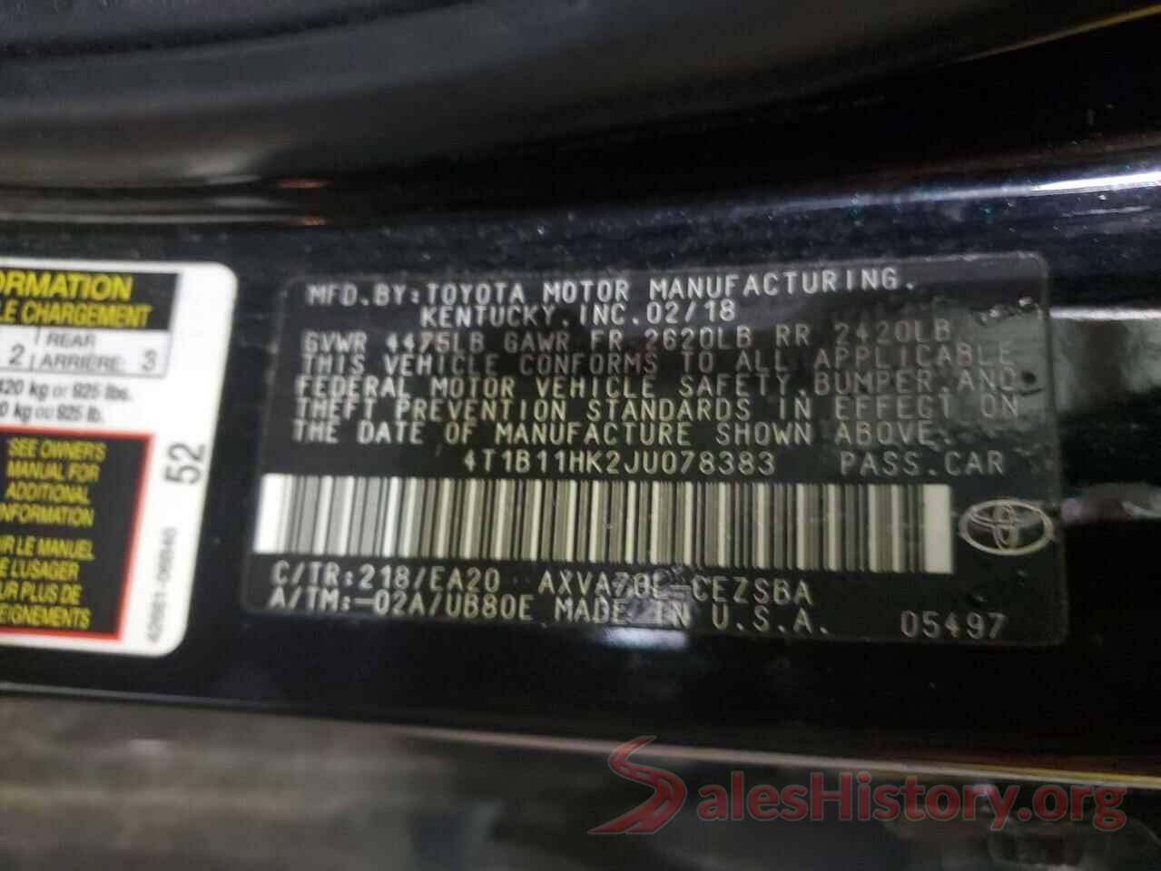 4T1B11HK2JU078383 2018 TOYOTA CAMRY