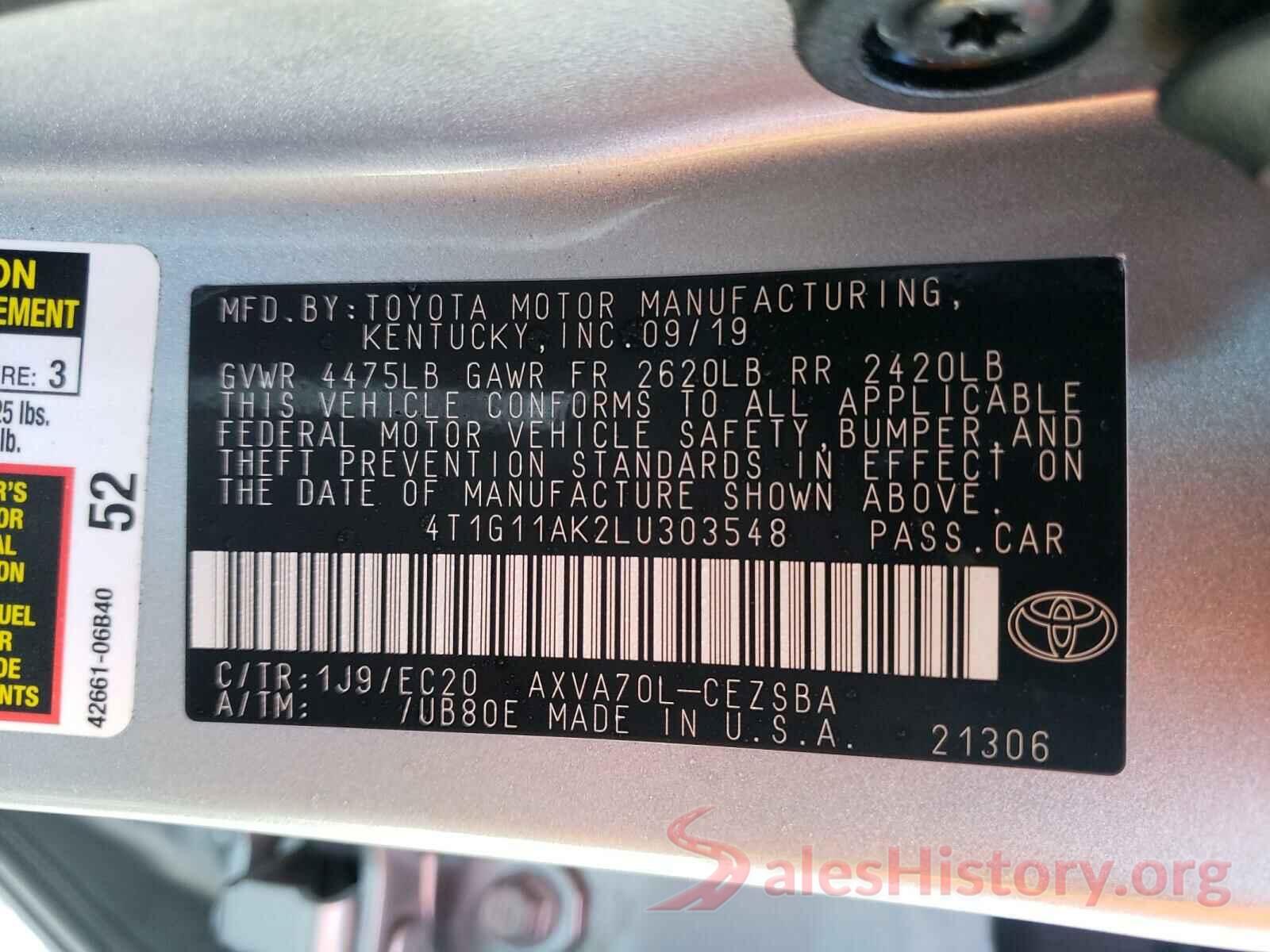 4T1G11AK2LU303548 2020 TOYOTA CAMRY