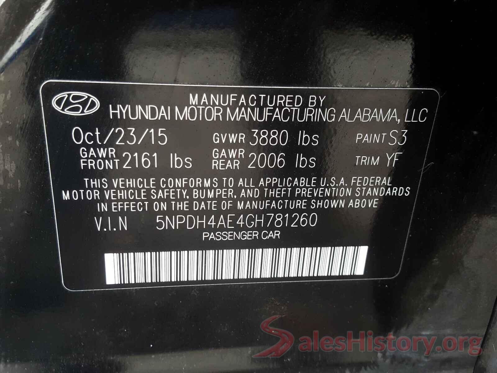 5NPDH4AE4GH781260 2016 HYUNDAI ELANTRA