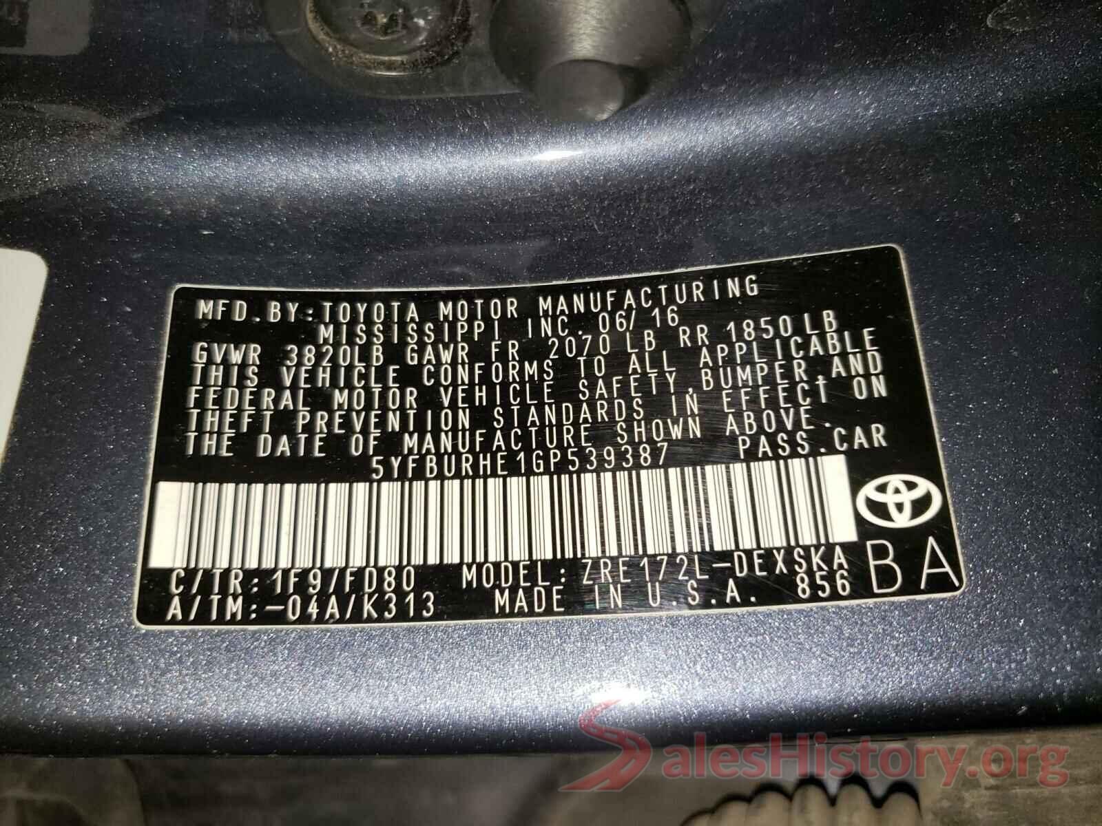 5YFBURHE1GP539387 2016 TOYOTA COROLLA