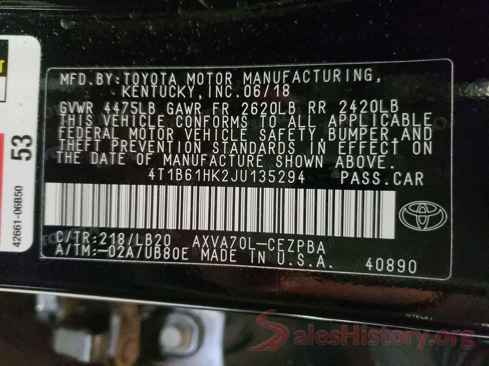 4T1B61HK2JU135294 2018 TOYOTA CAMRY