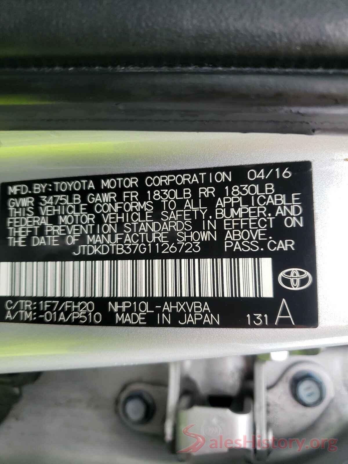 JTDKDTB37G1126723 2016 TOYOTA PRIUS