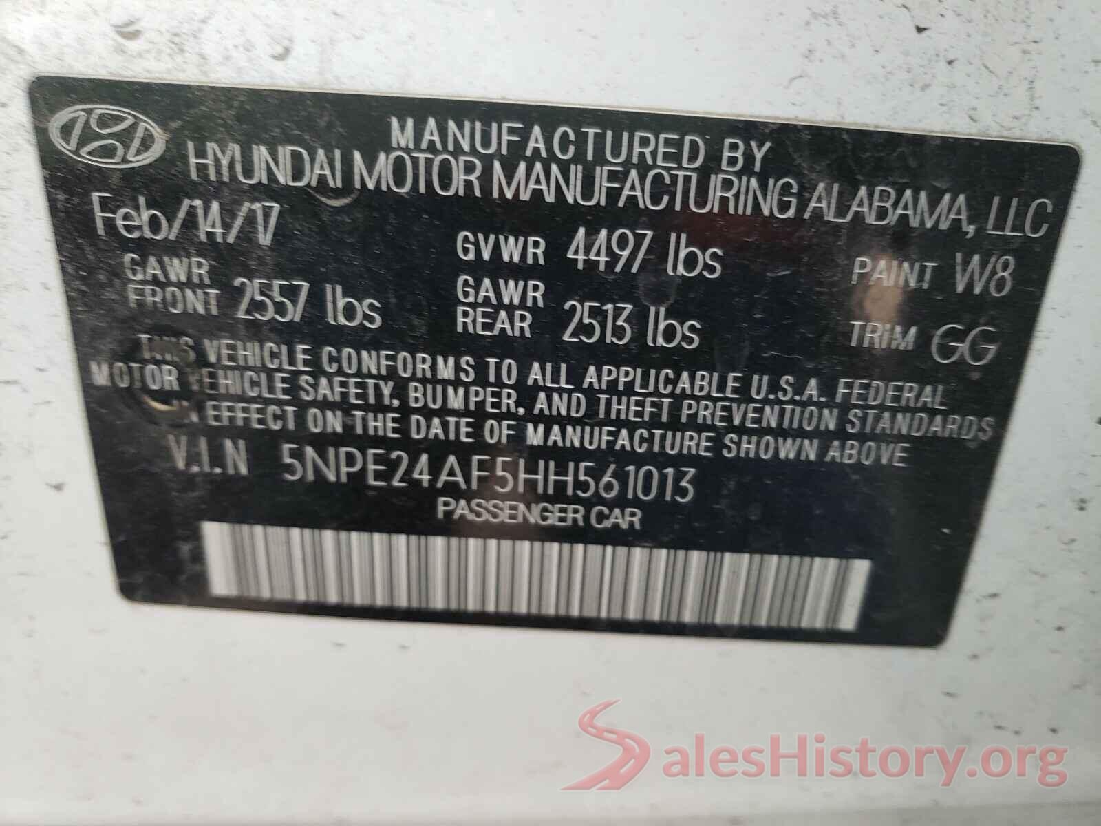 5NPE24AF5HH561013 2017 HYUNDAI SONATA