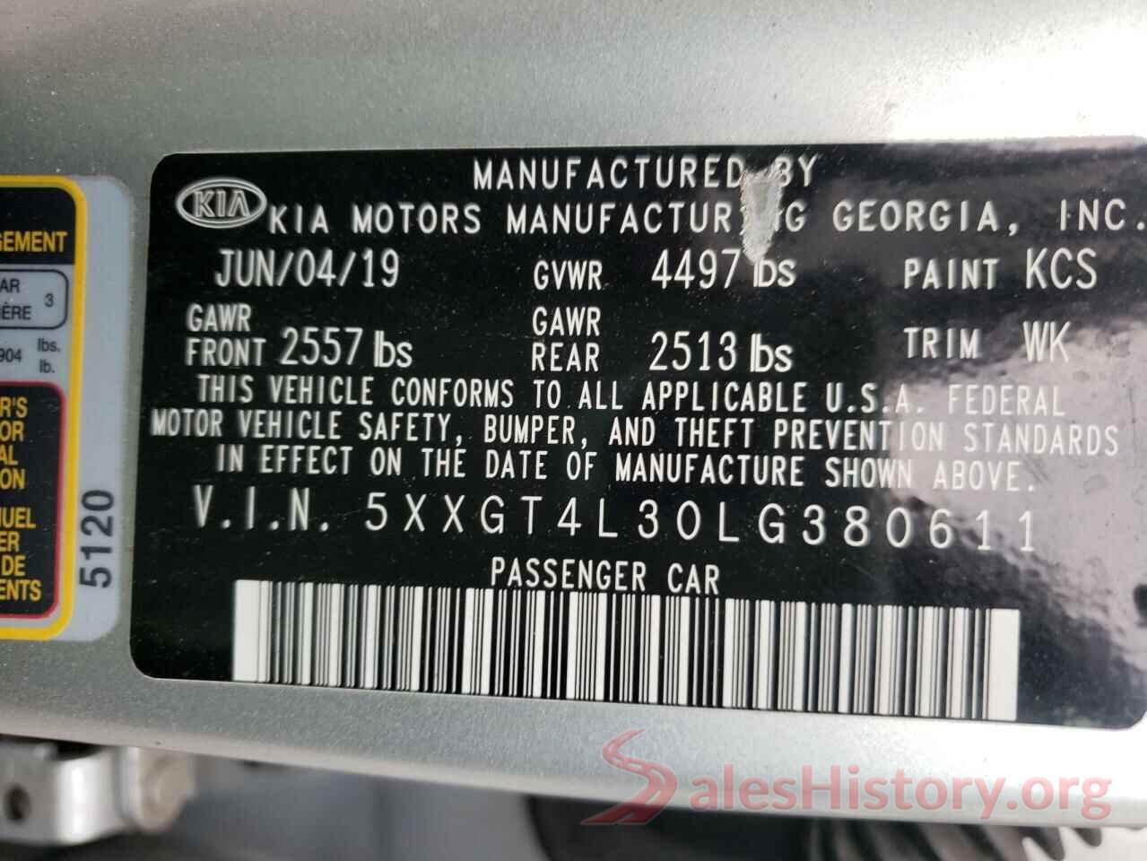 5XXGT4L30LG380611 2020 KIA OPTIMA