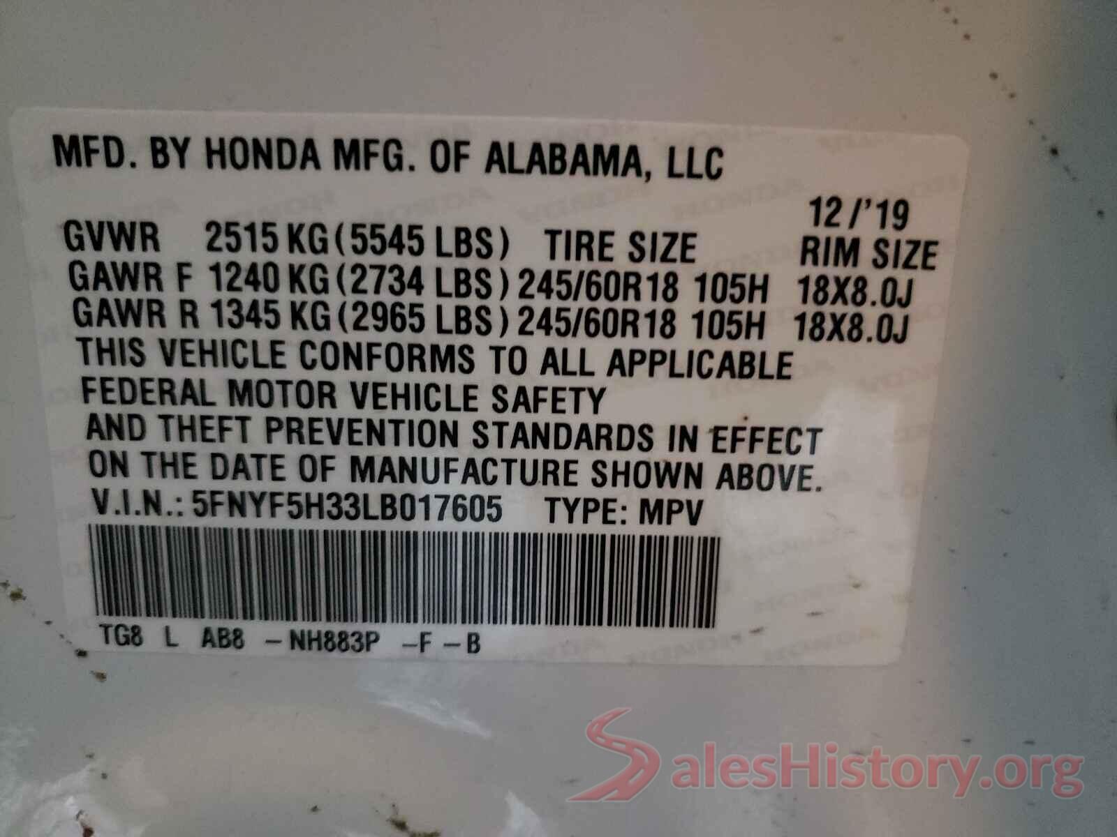 5FNYF5H33LB017605 2020 HONDA PILOT