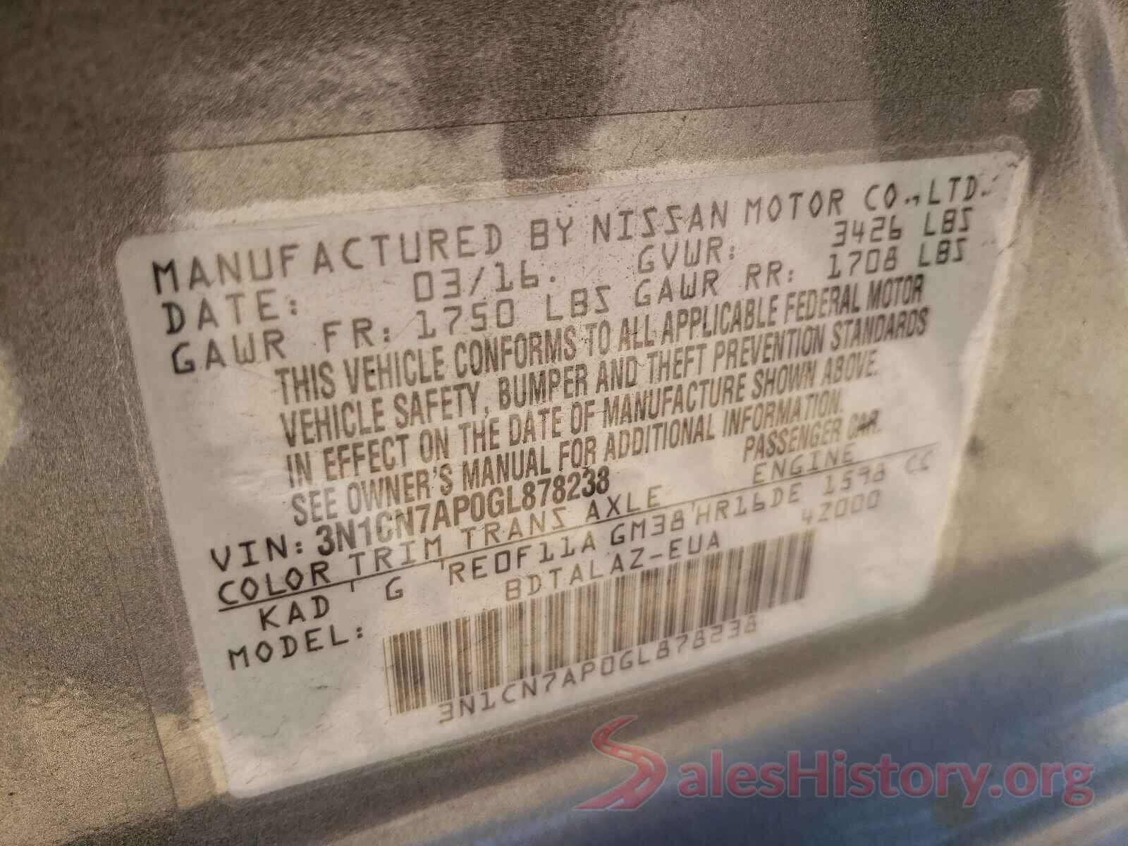 3N1CN7AP0GL878238 2016 NISSAN VERSA