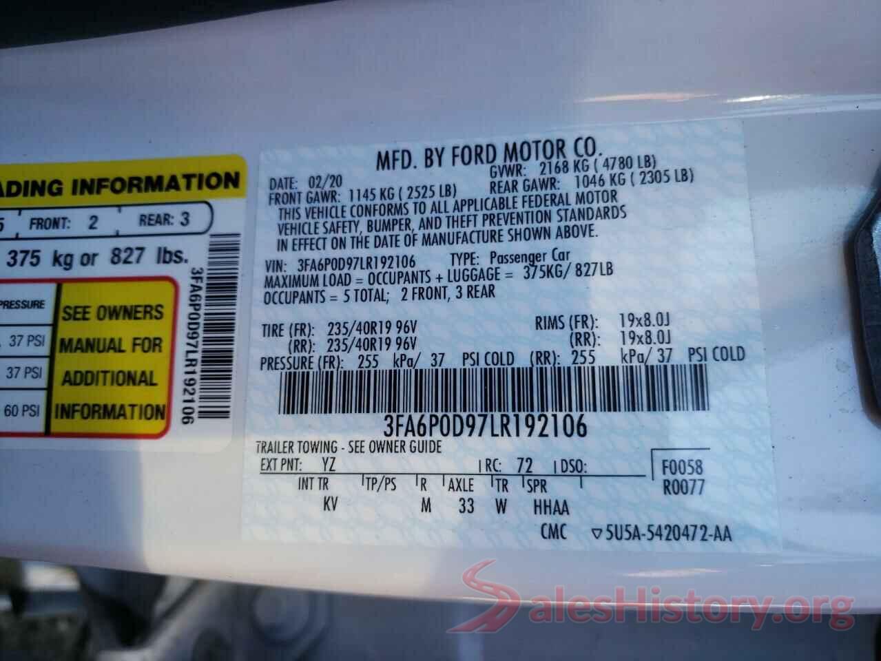 3FA6P0D97LR192106 2020 FORD FUSION