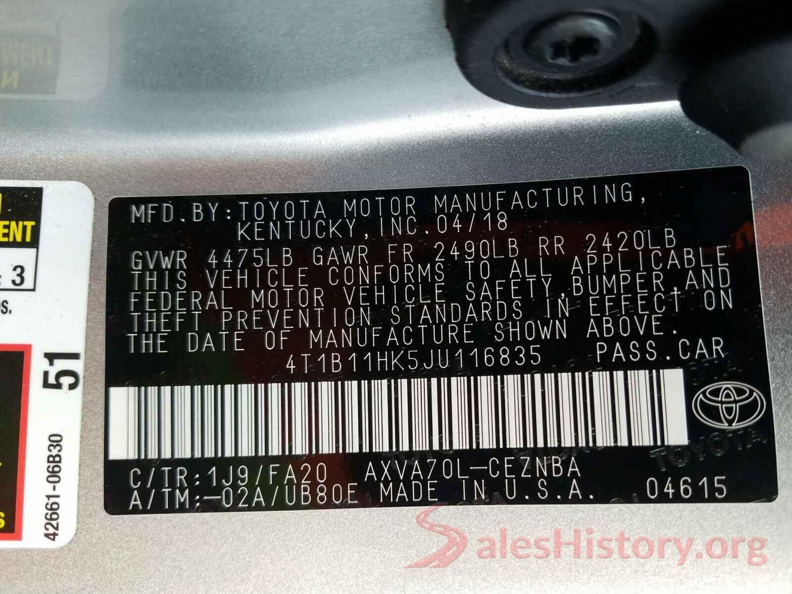 4T1B11HK5JU116835 2018 TOYOTA CAMRY