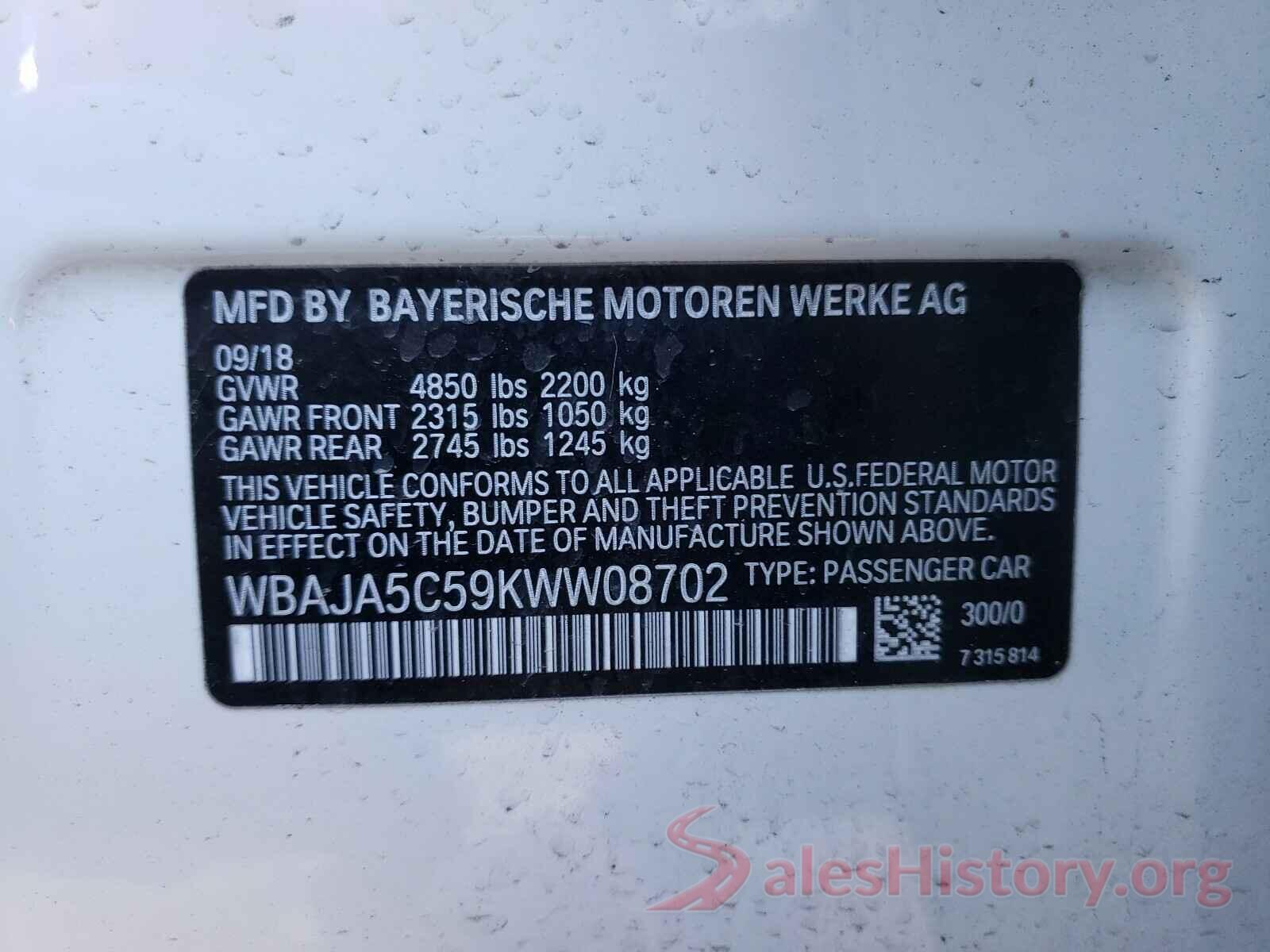 WBAJA5C59KWW08702 2019 BMW 5 SERIES