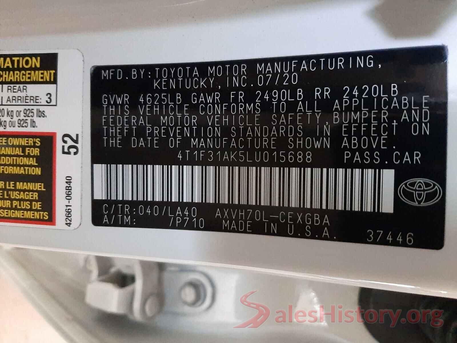 4T1F31AK5LU015688 2020 TOYOTA CAMRY