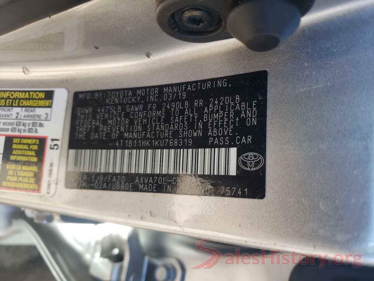 4T1B11HK1KU768319 2019 TOYOTA CAMRY