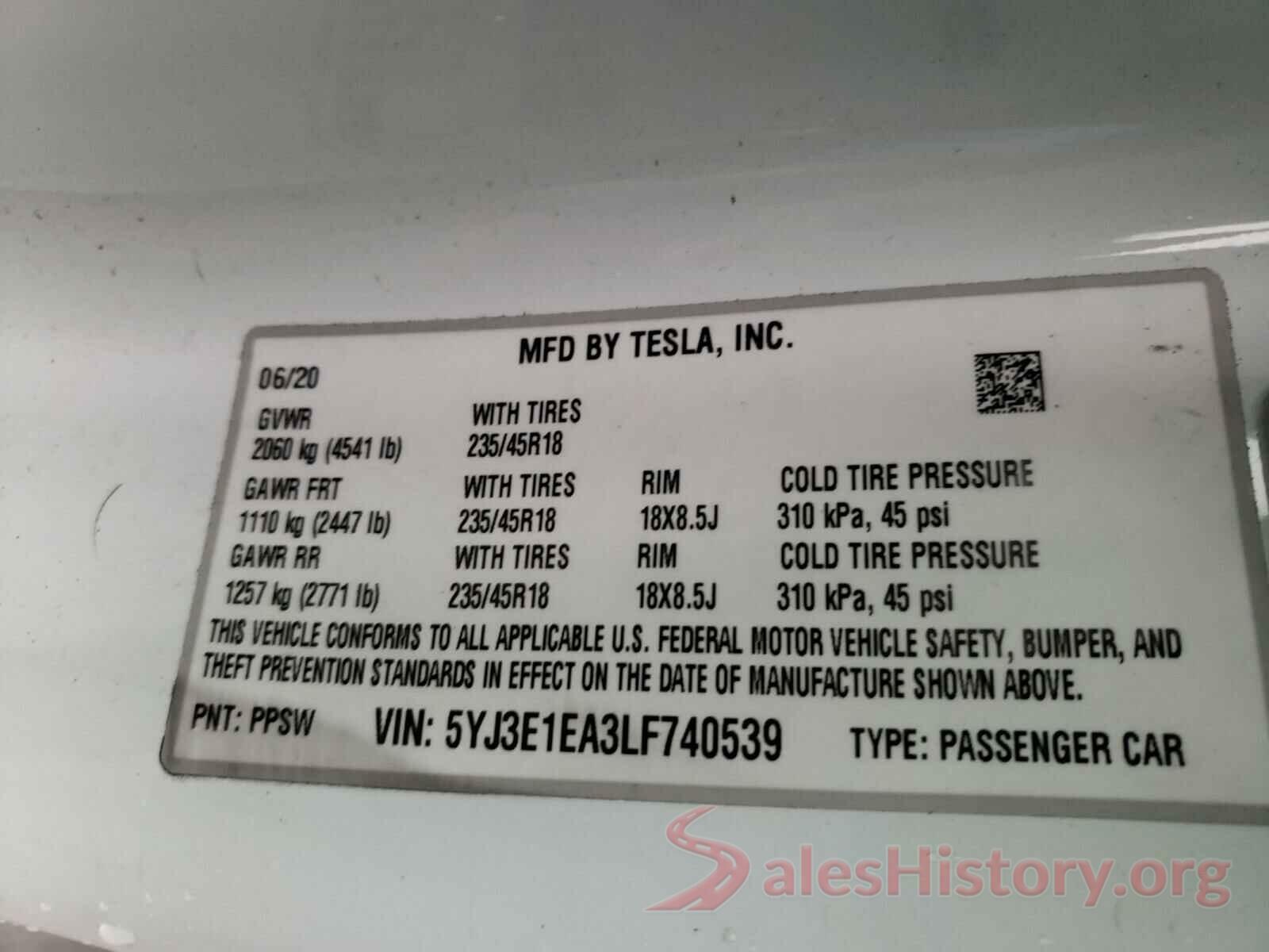 5YJ3E1EA3LF740539 2020 TESLA MODEL 3