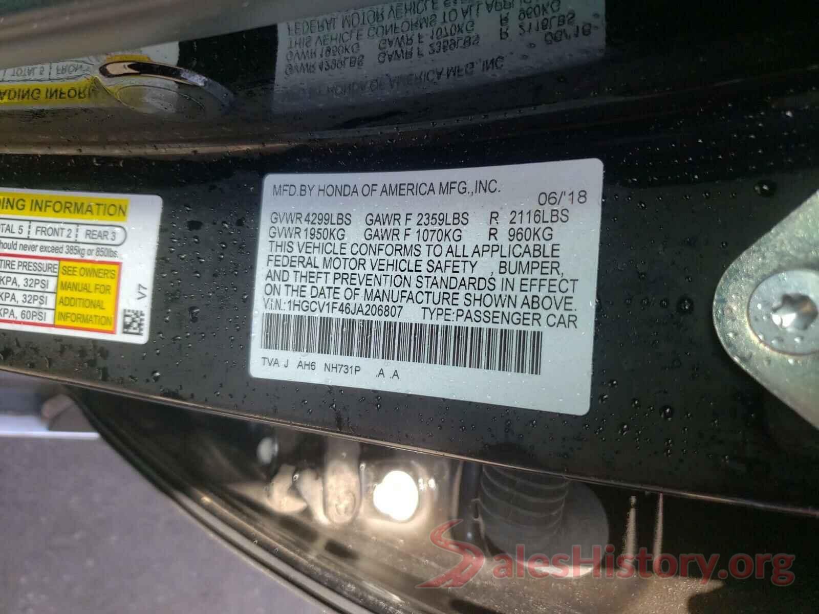 1HGCV1F46JA206807 2018 HONDA ACCORD