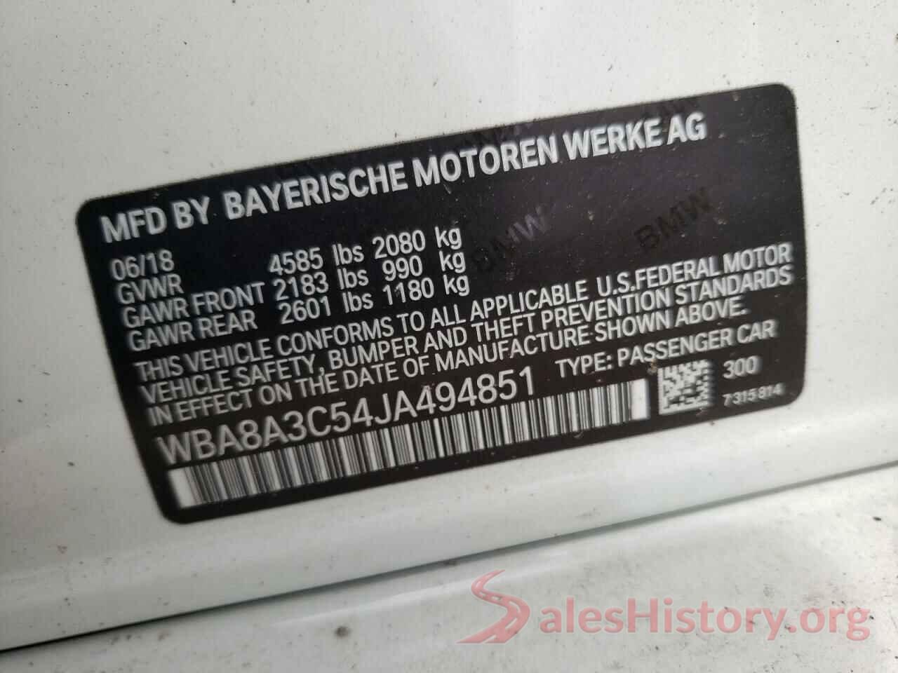 WBA8A3C54JA494851 2018 BMW 3 SERIES