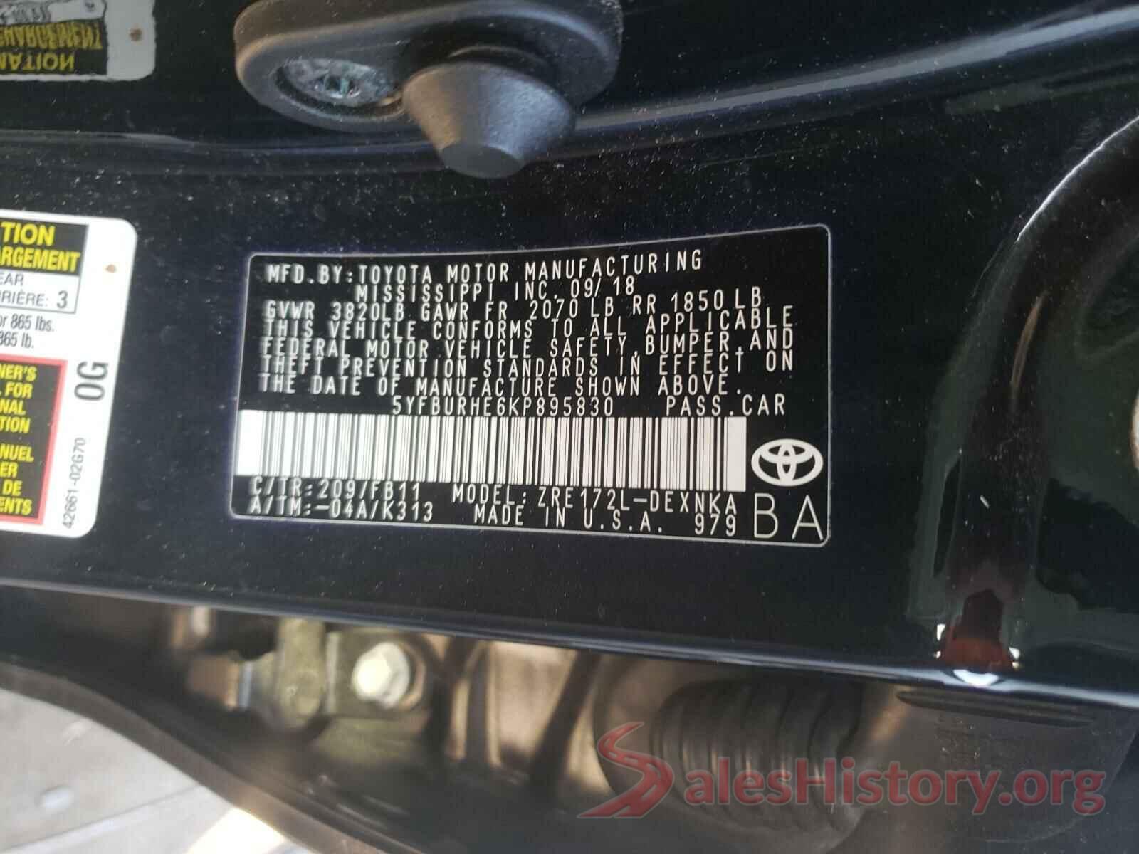 5YFBURHE6KP895830 2019 TOYOTA COROLLA