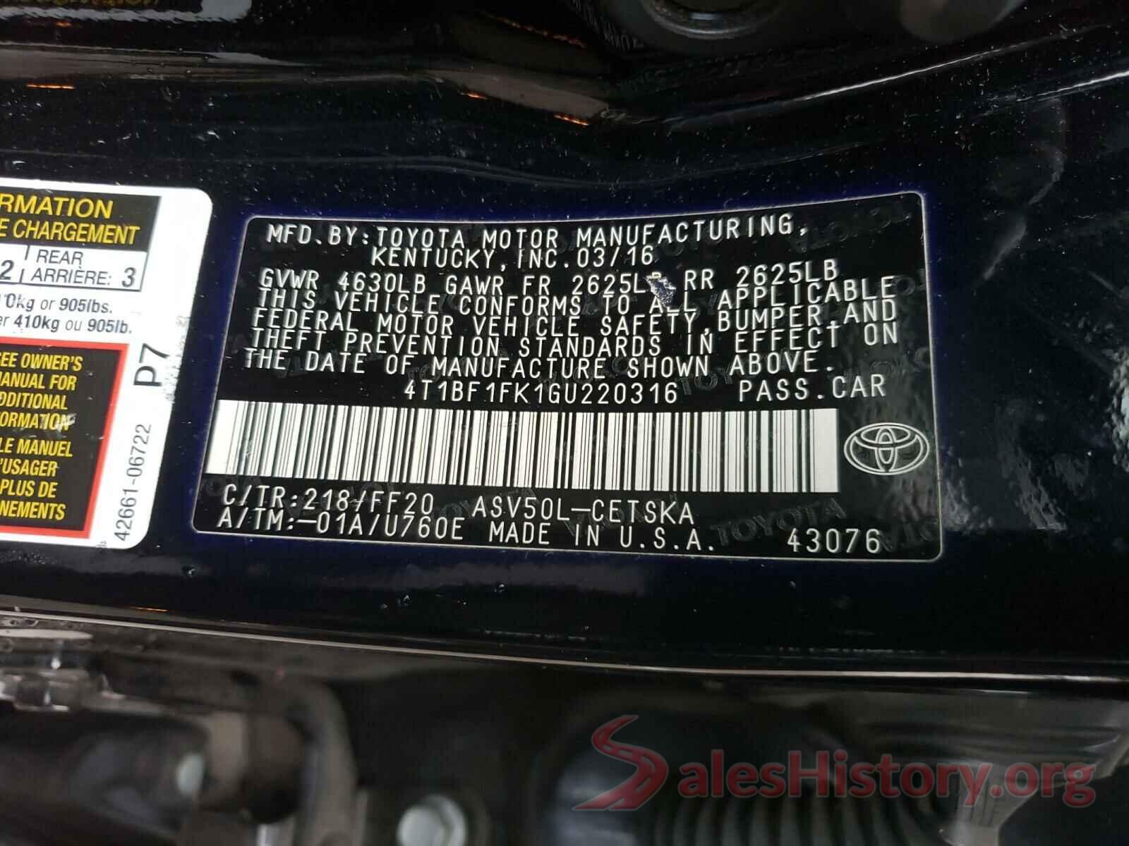 4T1BF1FK1GU220316 2016 TOYOTA CAMRY