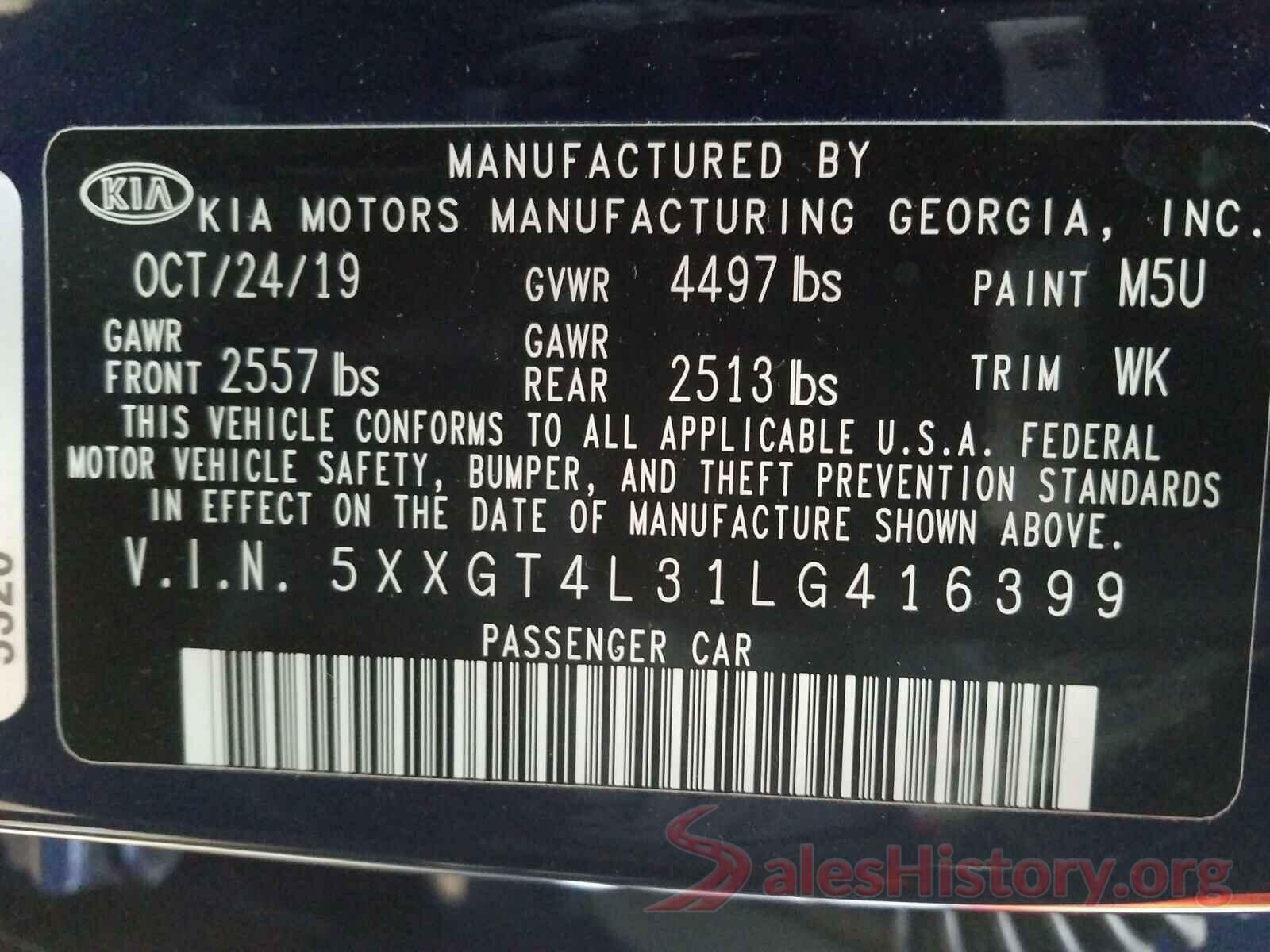 5XXGT4L31LG416399 2020 KIA OPTIMA