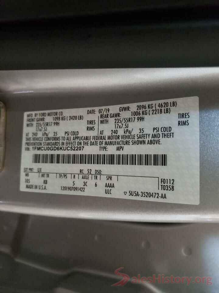 1FMCU0GD6KUC52207 2019 FORD ESCAPE