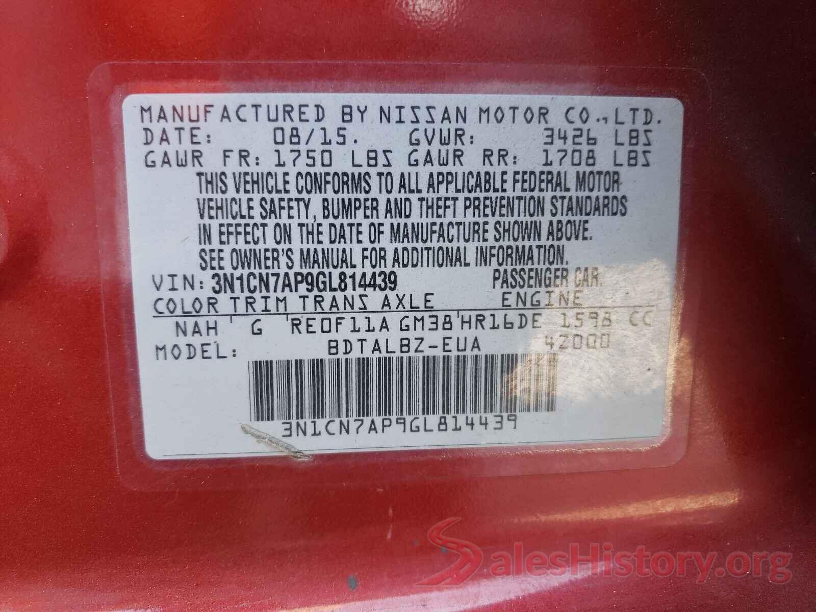 3N1CN7AP9GL814439 2016 NISSAN VERSA