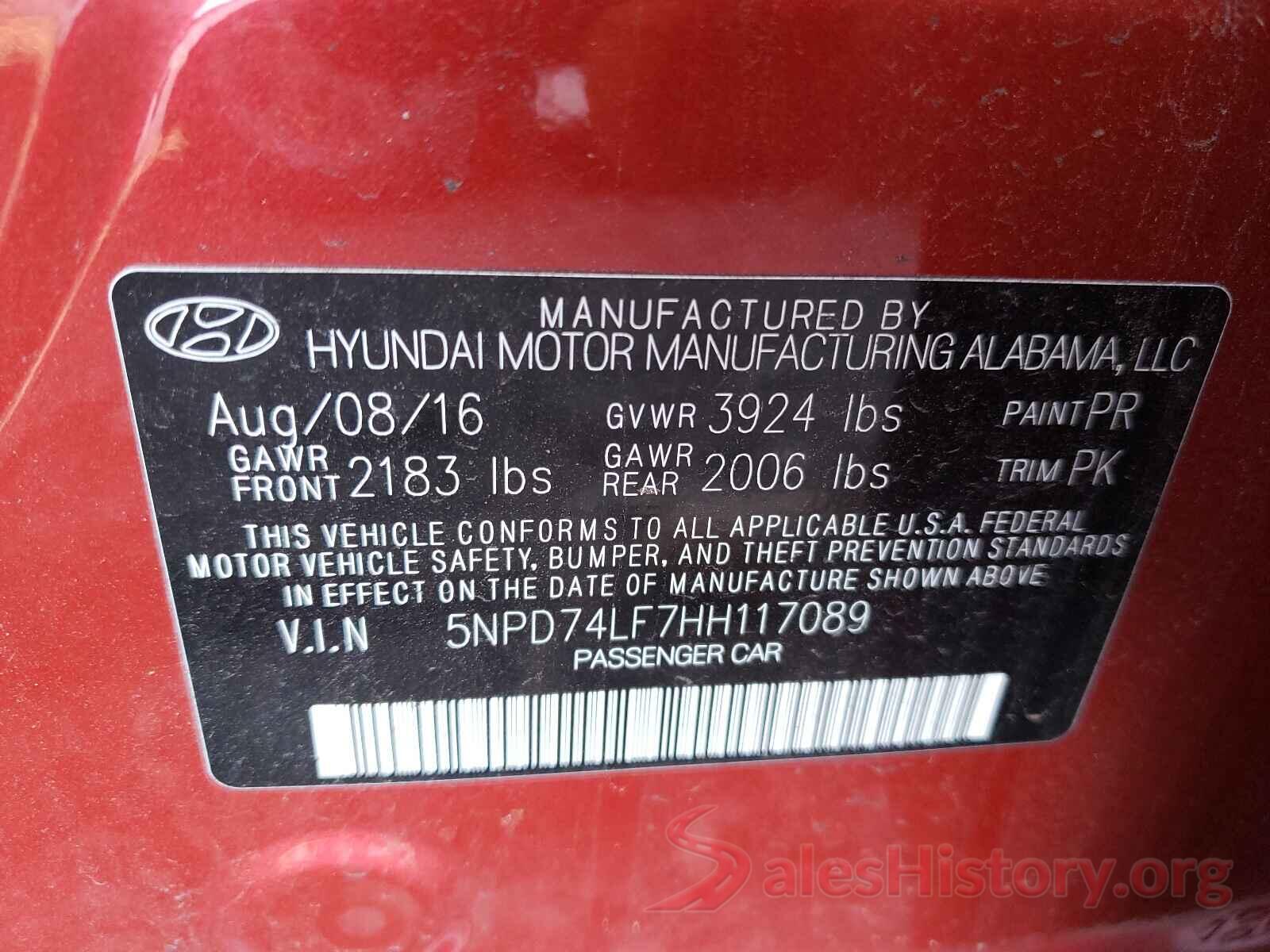 5NPD74LF7HH117089 2017 HYUNDAI ELANTRA