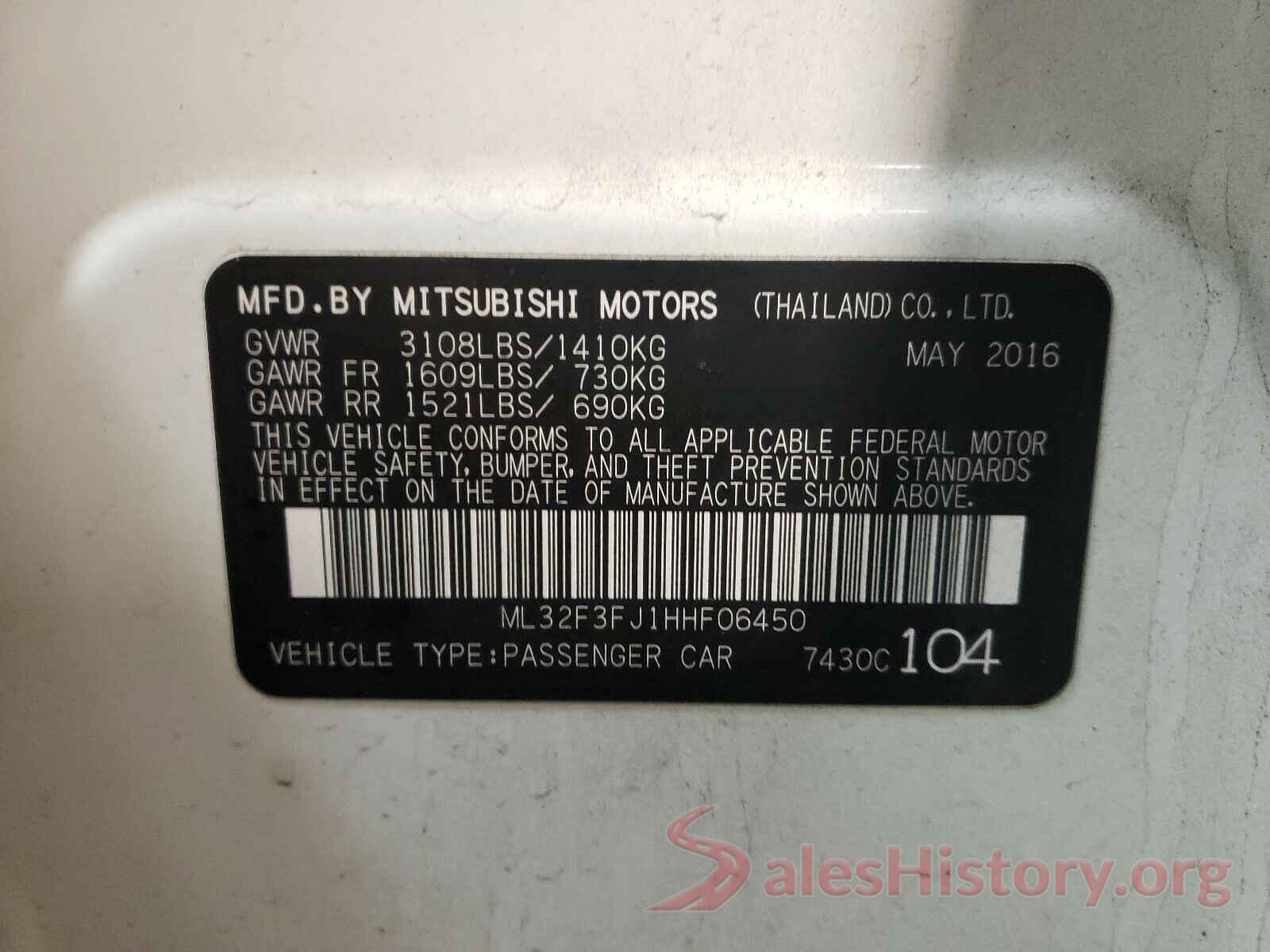 ML32F3FJ1HHF06450 2017 MITSUBISHI MIRAGE