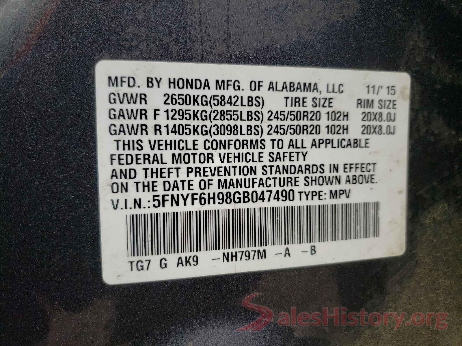 5FNYF6H98GB047490 2016 HONDA PILOT