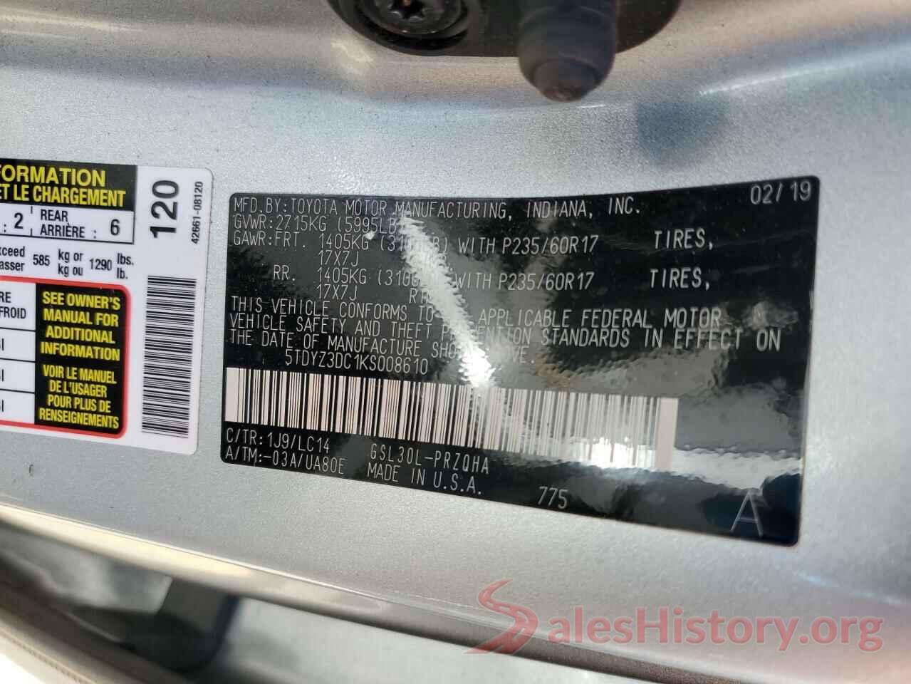 5TDYZ3DC1KS008610 2019 TOYOTA SIENNA