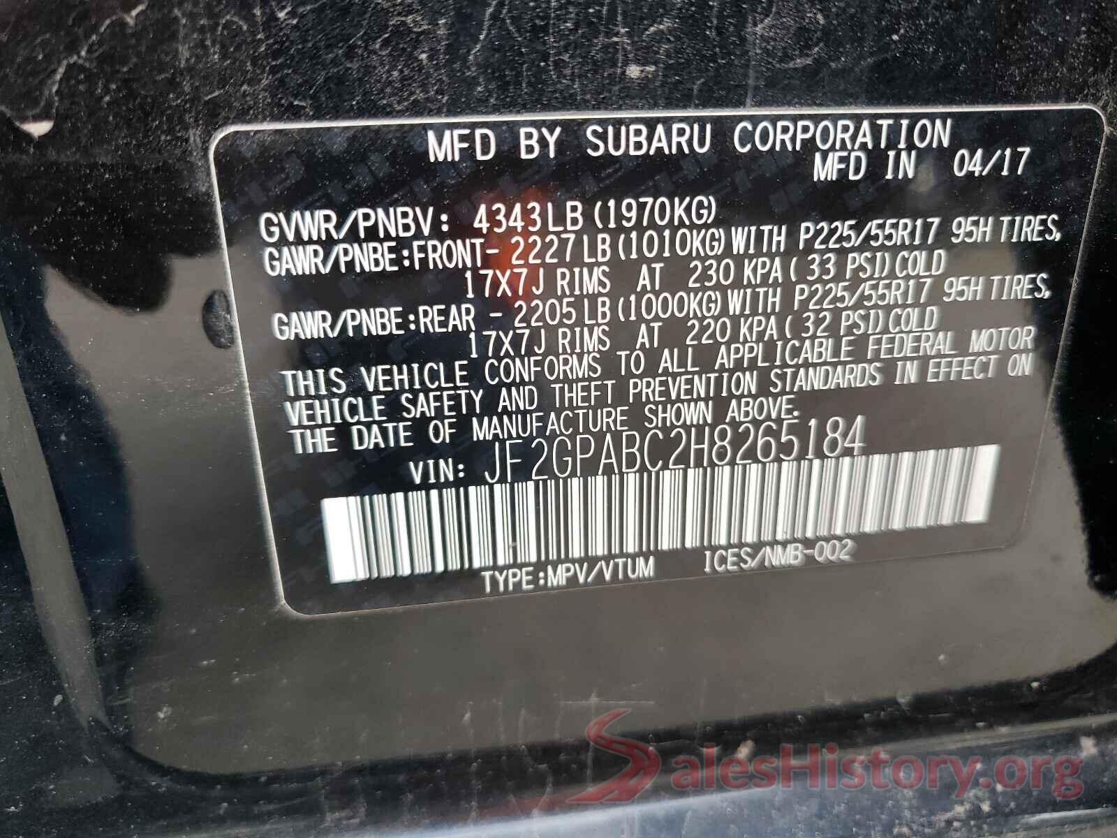 JF2GPABC2H8265184 2017 SUBARU CROSSTREK