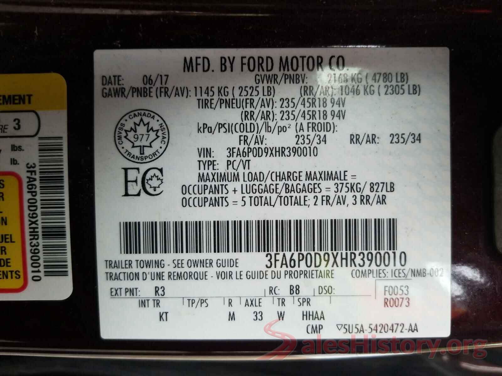 3FA6P0D9XHR390010 2017 FORD FUSION