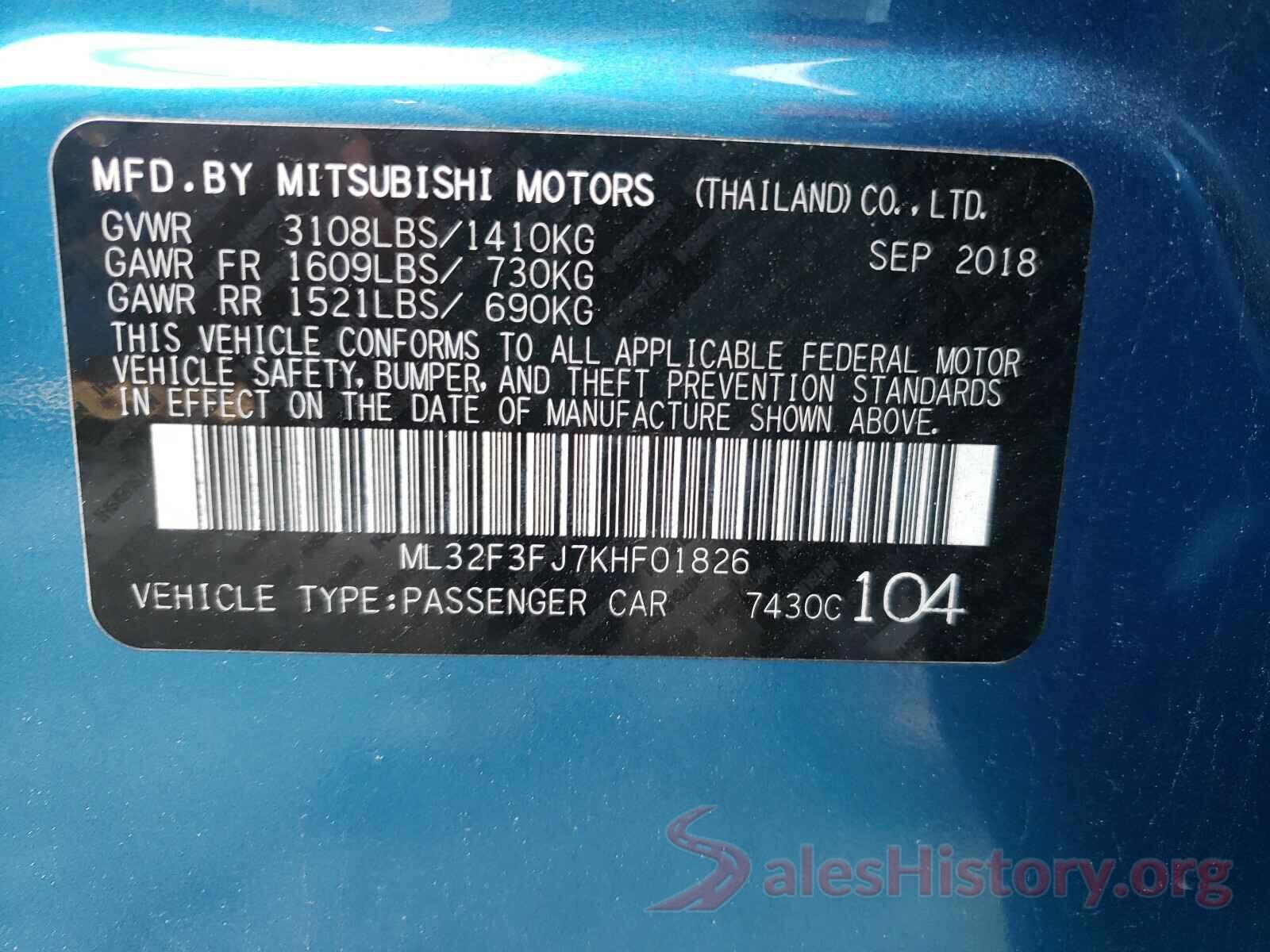 ML32F3FJ7KHF01826 2019 MITSUBISHI MIRAGE