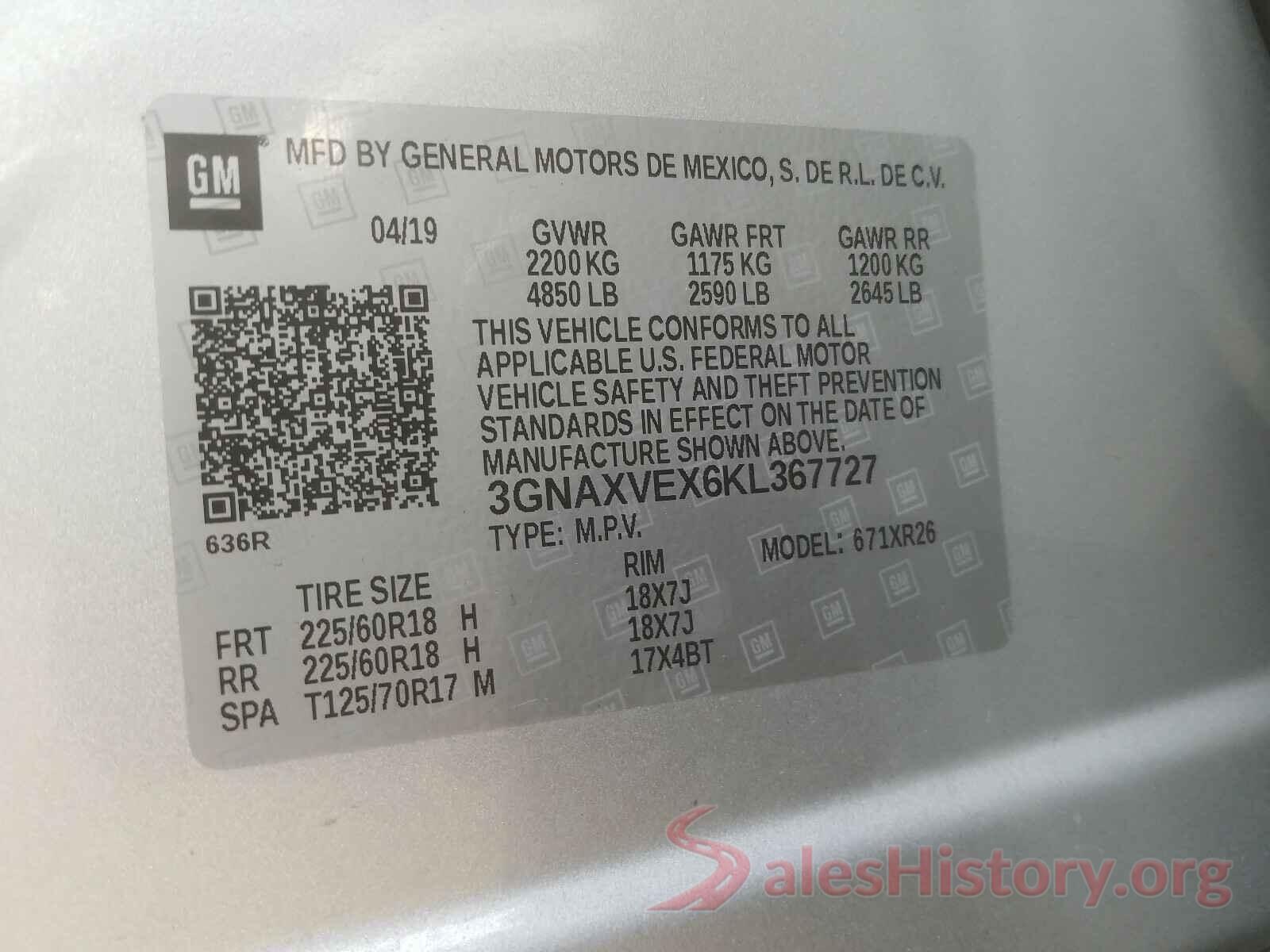 3GNAXVEX6KL367727 2019 CHEVROLET EQUINOX