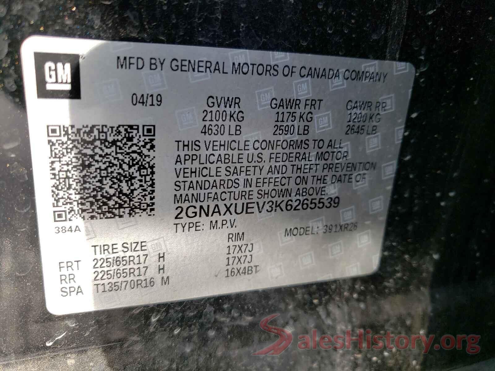 2GNAXUEV3K6265539 2019 CHEVROLET EQUINOX