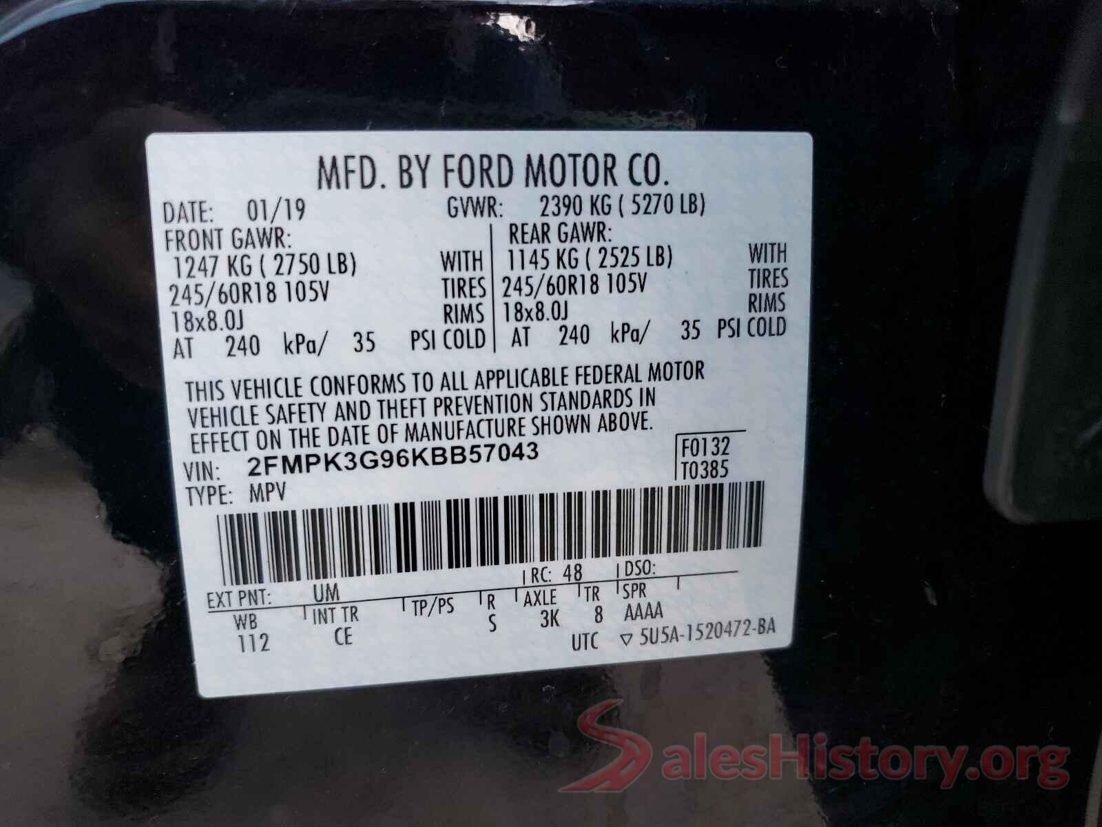 2FMPK3G96KBB57043 2019 FORD EDGE