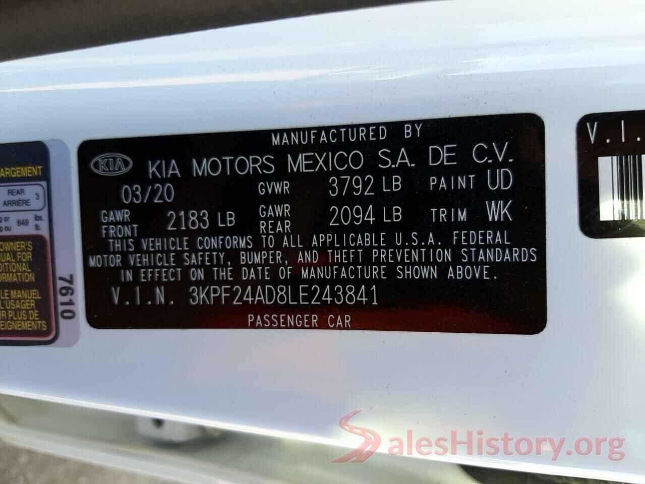 3KPF24AD8LE243841 2020 KIA FORTE