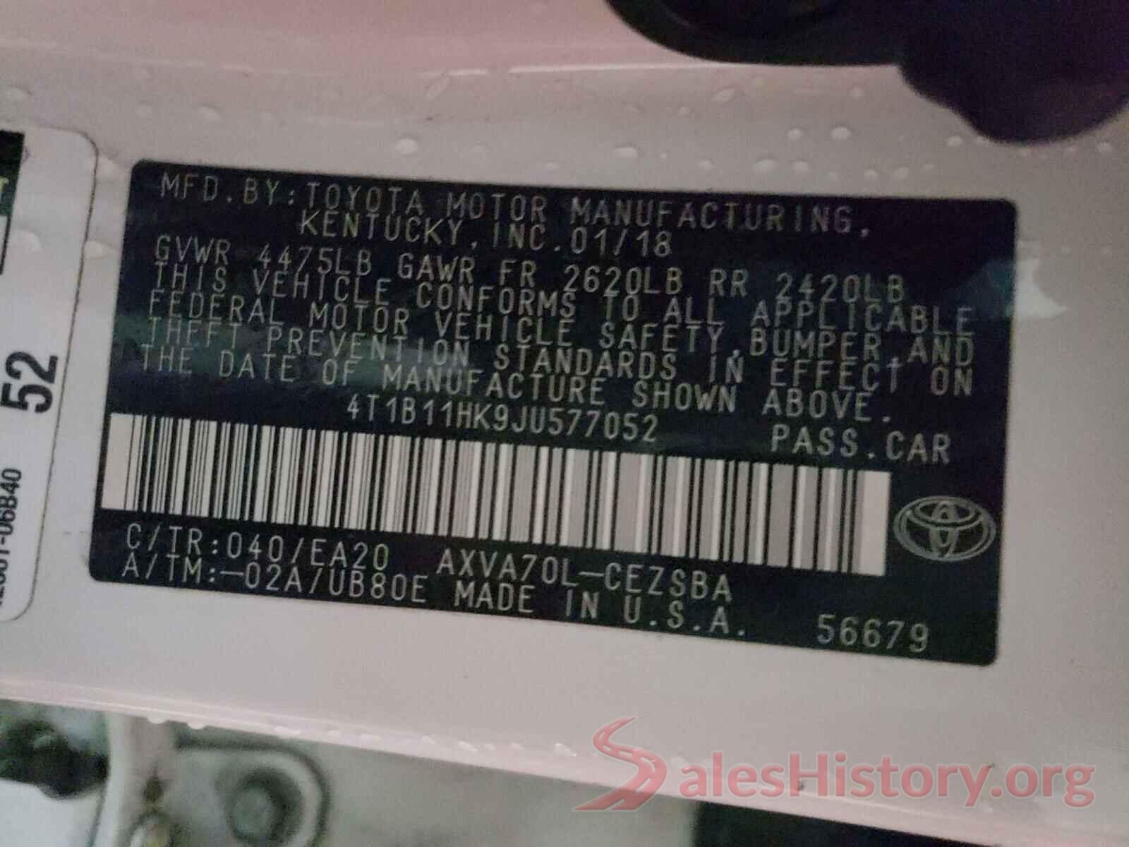 4T1B11HK9JU577052 2018 TOYOTA CAMRY