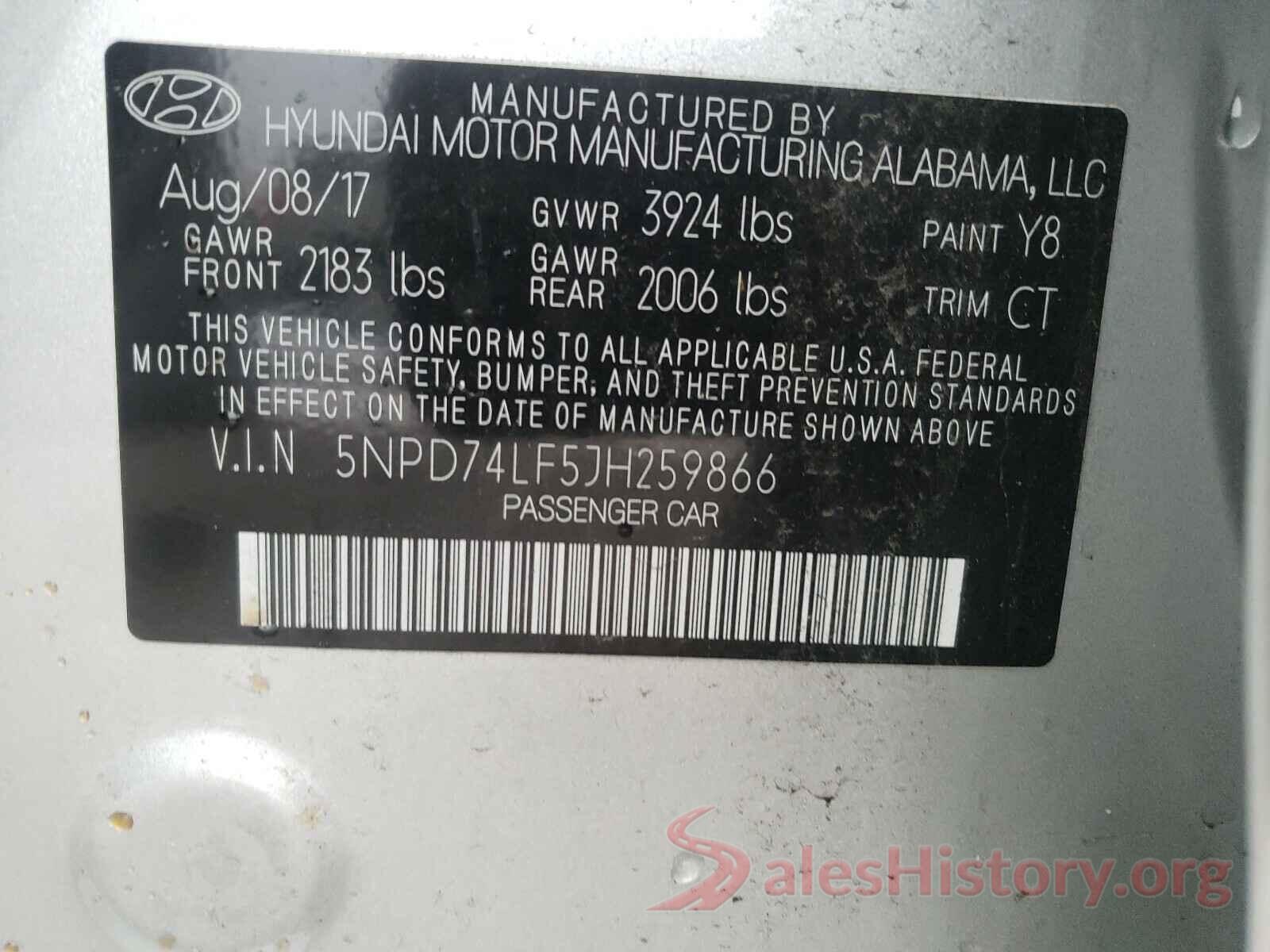 5NPD74LF5JH259866 2018 HYUNDAI ELANTRA