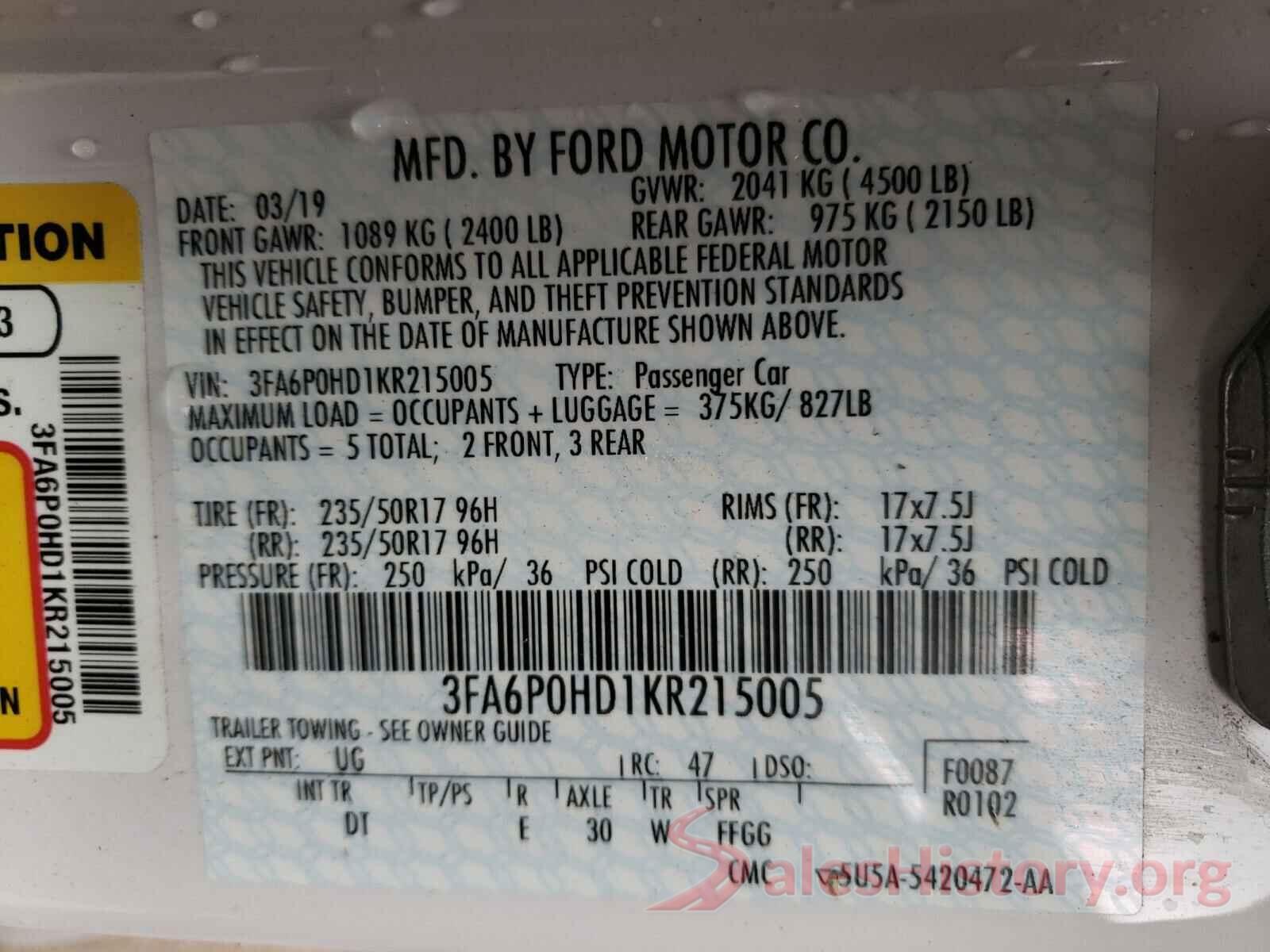 3FA6P0HD1KR215005 2019 FORD FUSION