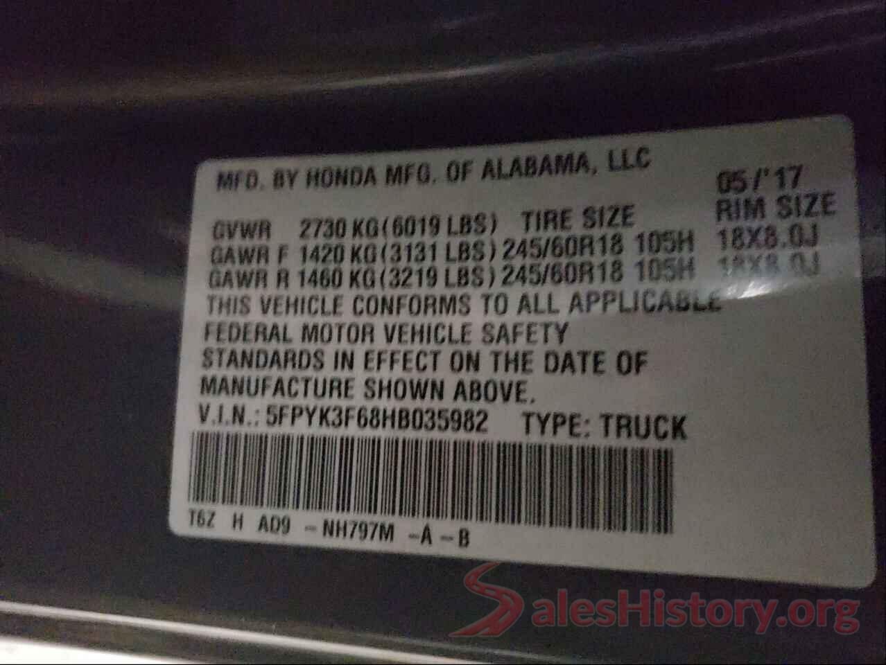 5FPYK3F68HB035982 2017 HONDA RIDGELINE