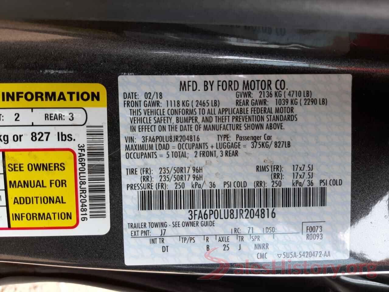 3FA6P0LU8JR204816 2018 FORD FUSION