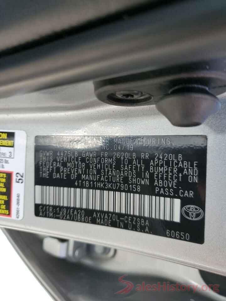 4T1B11HK3KU790158 2019 TOYOTA CAMRY