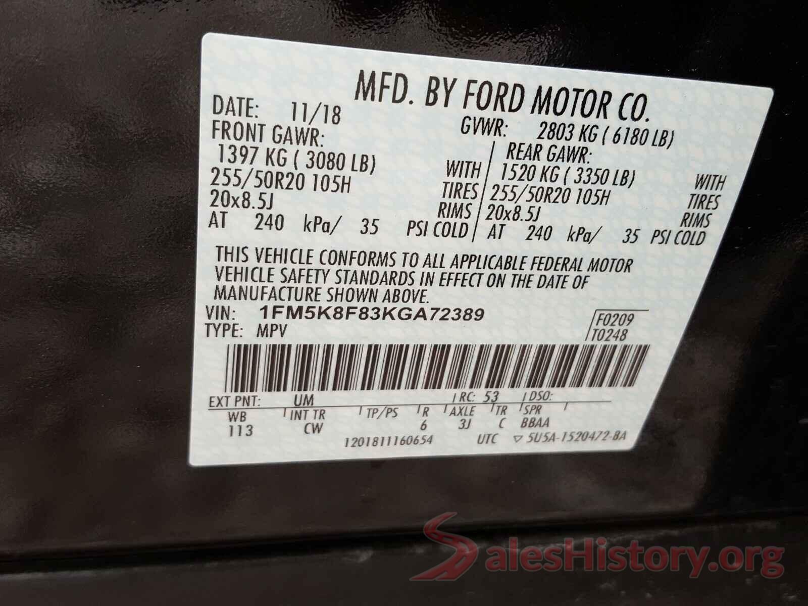 1FM5K8F83KGA72389 2019 FORD EXPLORER