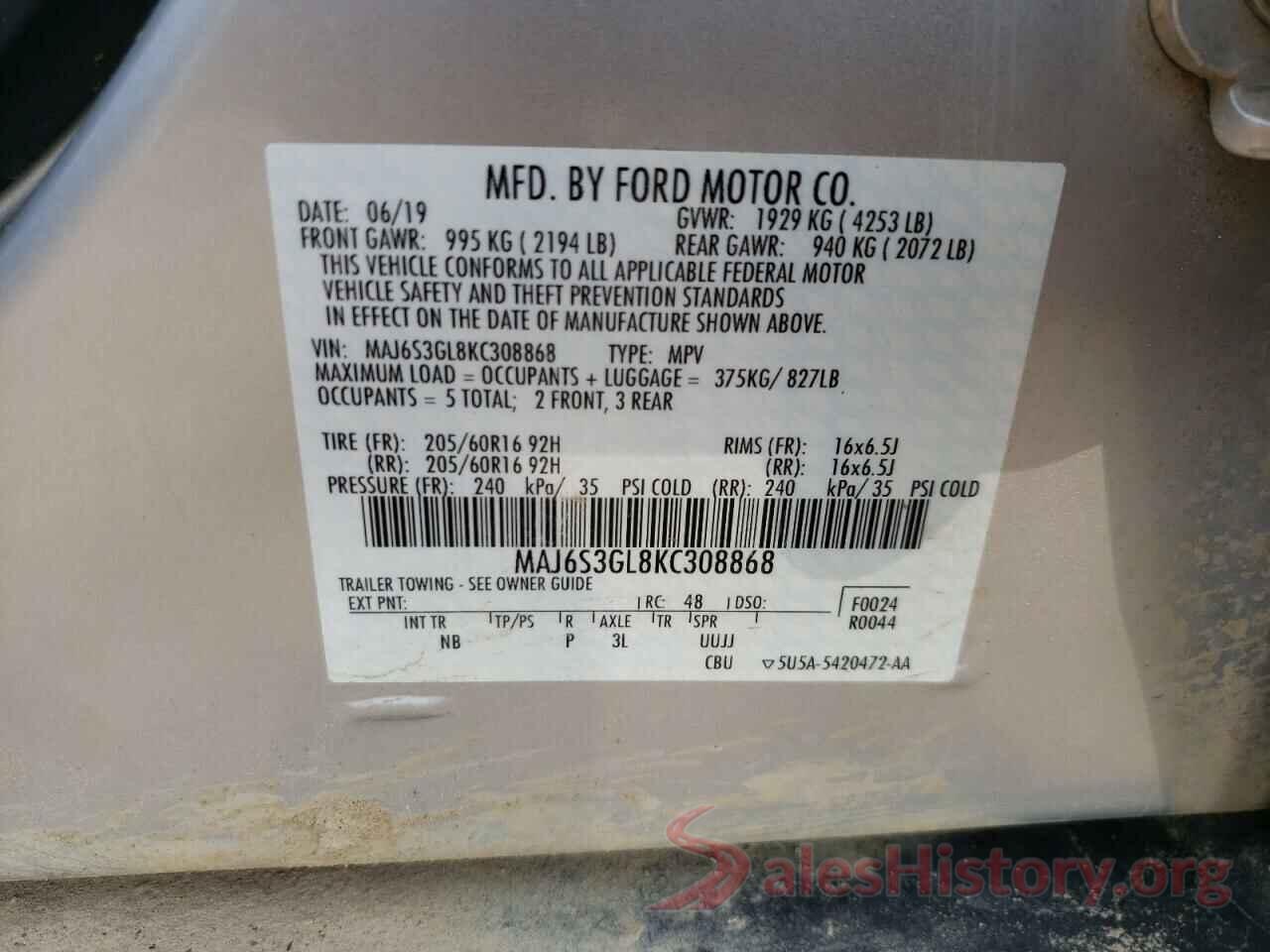 MAJ6S3GL8KC308868 2019 FORD ECOSPORT