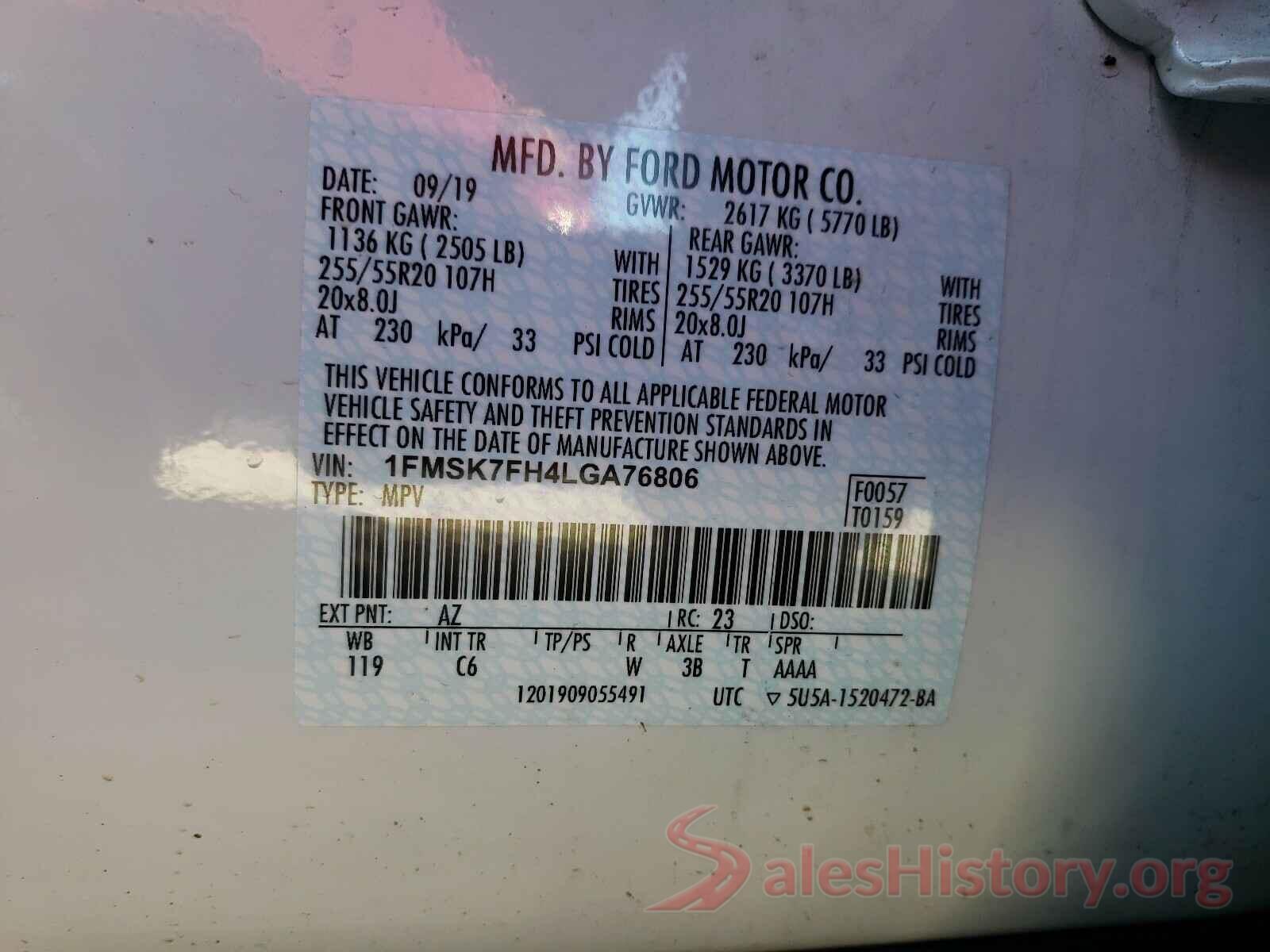 1FMSK7FH4LGA76806 2020 FORD EXPLORER