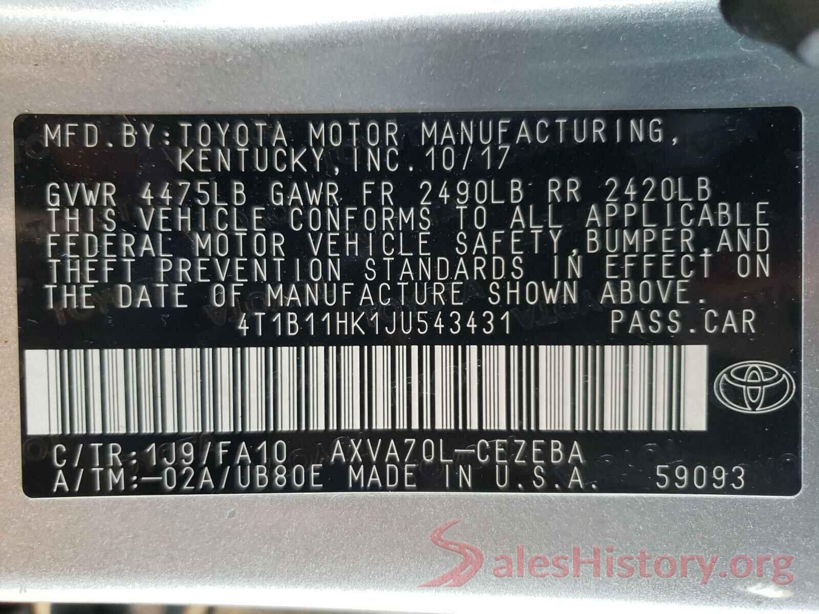 4T1B11HK1JU543431 2018 TOYOTA CAMRY