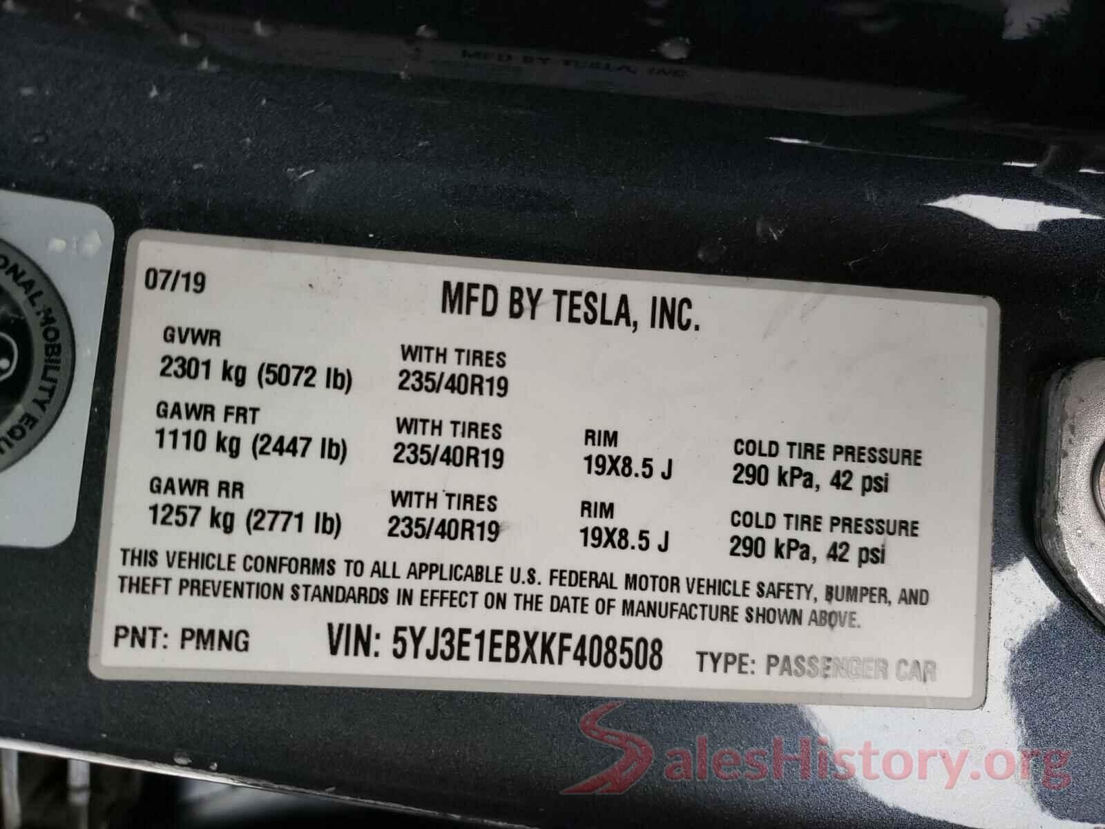 5YJ3E1EBXKF408508 2019 TESLA MODEL 3