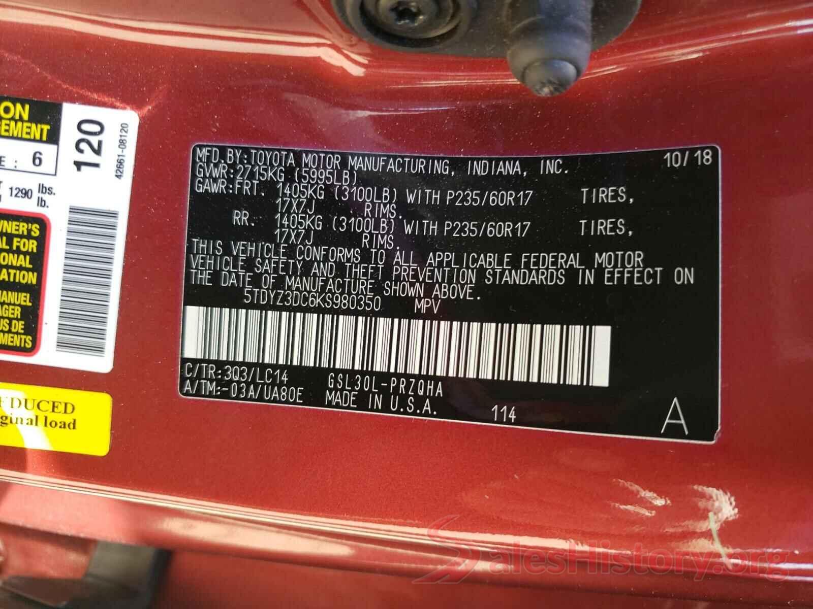 5TDYZ3DC6KS980350 2019 TOYOTA SIENNA