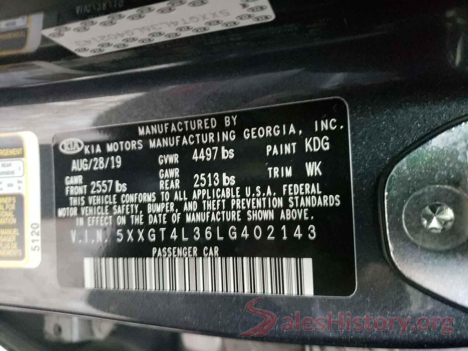 5XXGT4L36LG402143 2020 KIA OPTIMA